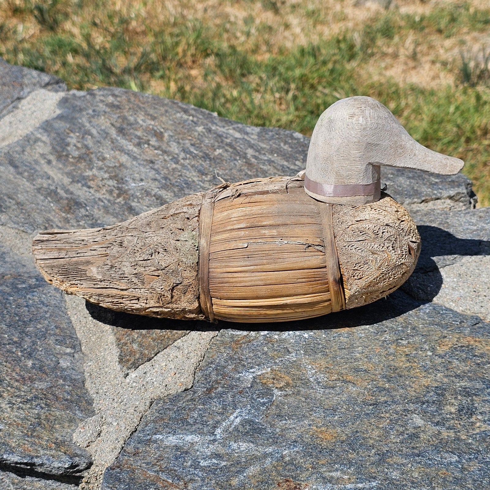 Set of 2 Wood, Corn Husk Duck 11" And Ceramic Duck 11" Garden Decor