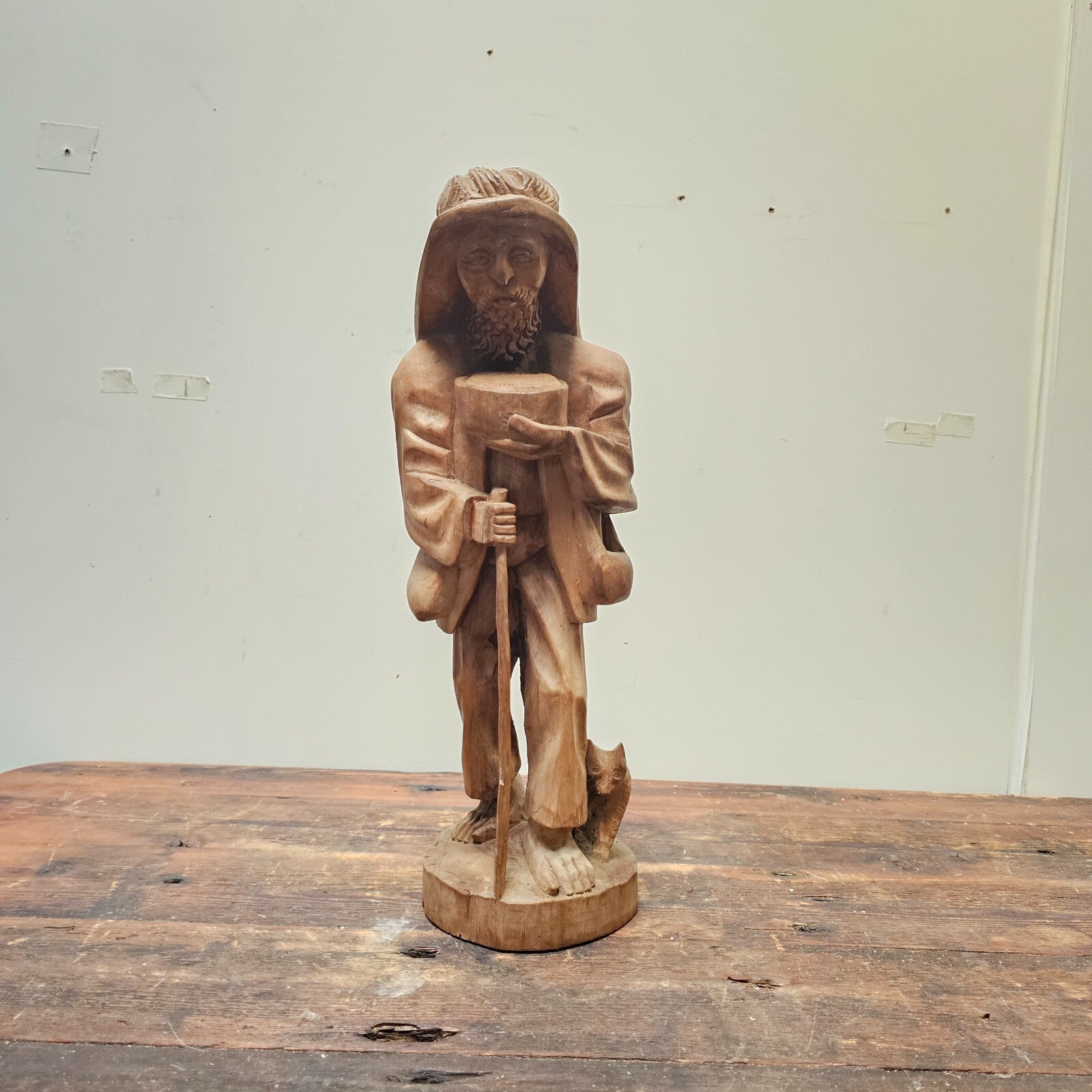 Vintage Hand Carved Solid Wood Figure Traveler With Cat Statue Vagabond 20" Tall