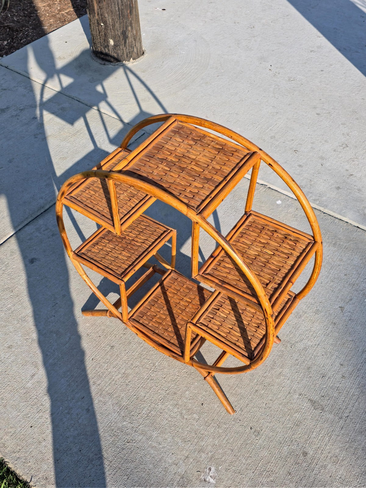 Rare 1930s-50s Boho Rattan Circle Shelf | 6-Tier Wicker Plant Stand Masterpiece