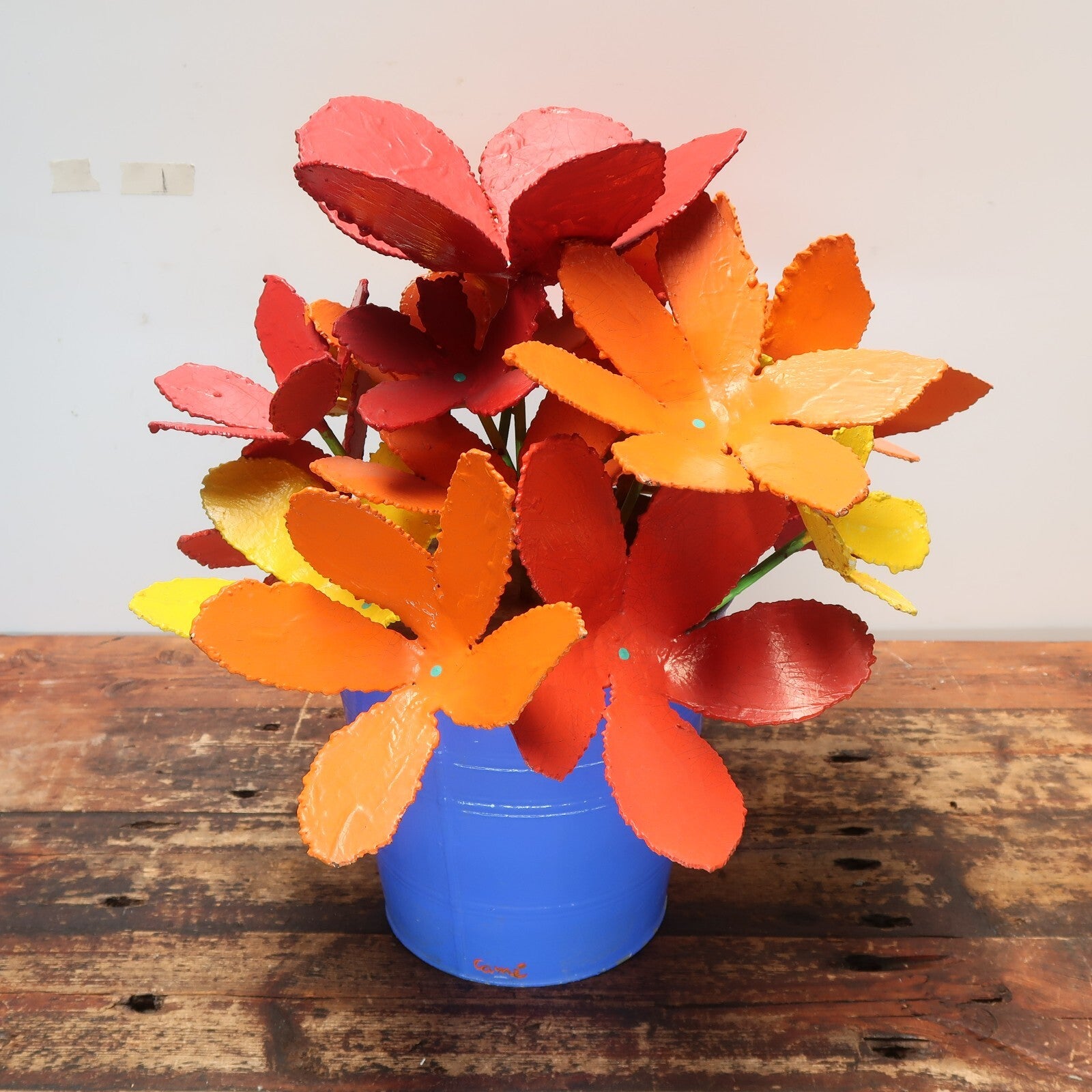 Colorful Iron Flowers In Blue Metal Bucket Garden Yard Sculpture Signed