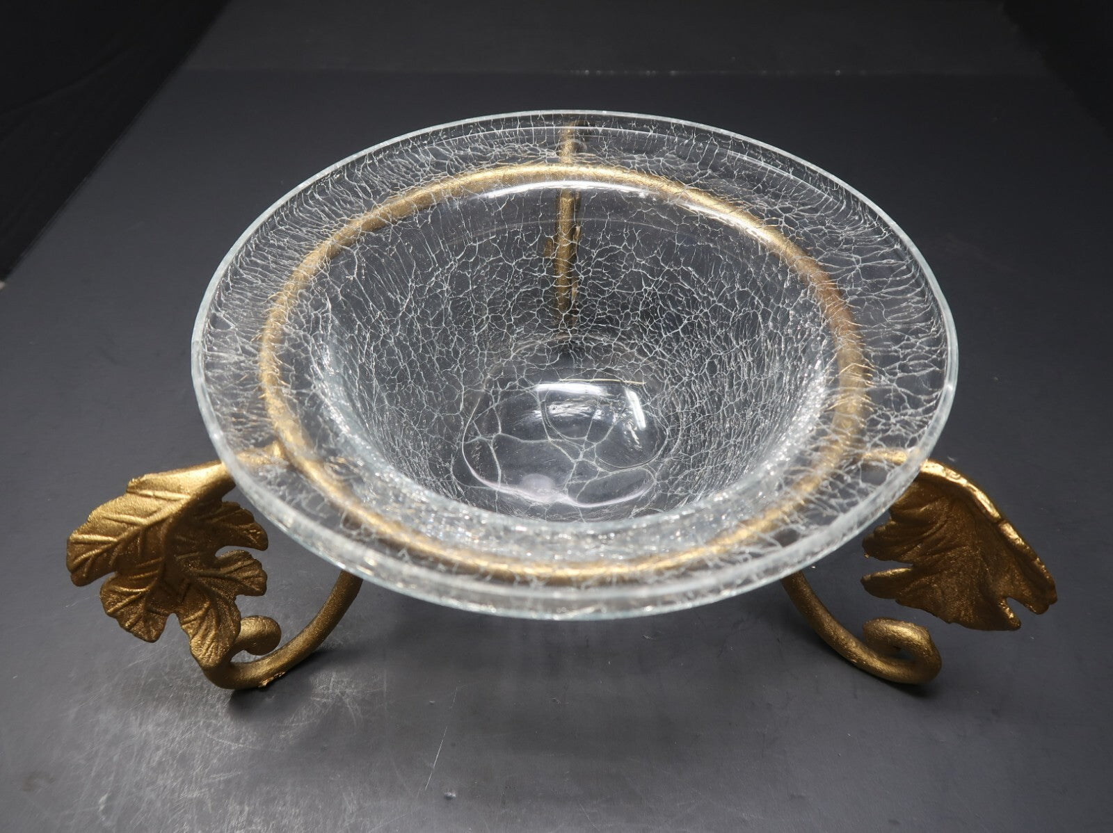 Crackle Glass Bowl on Metal Gold Autumn Leaf  Stand