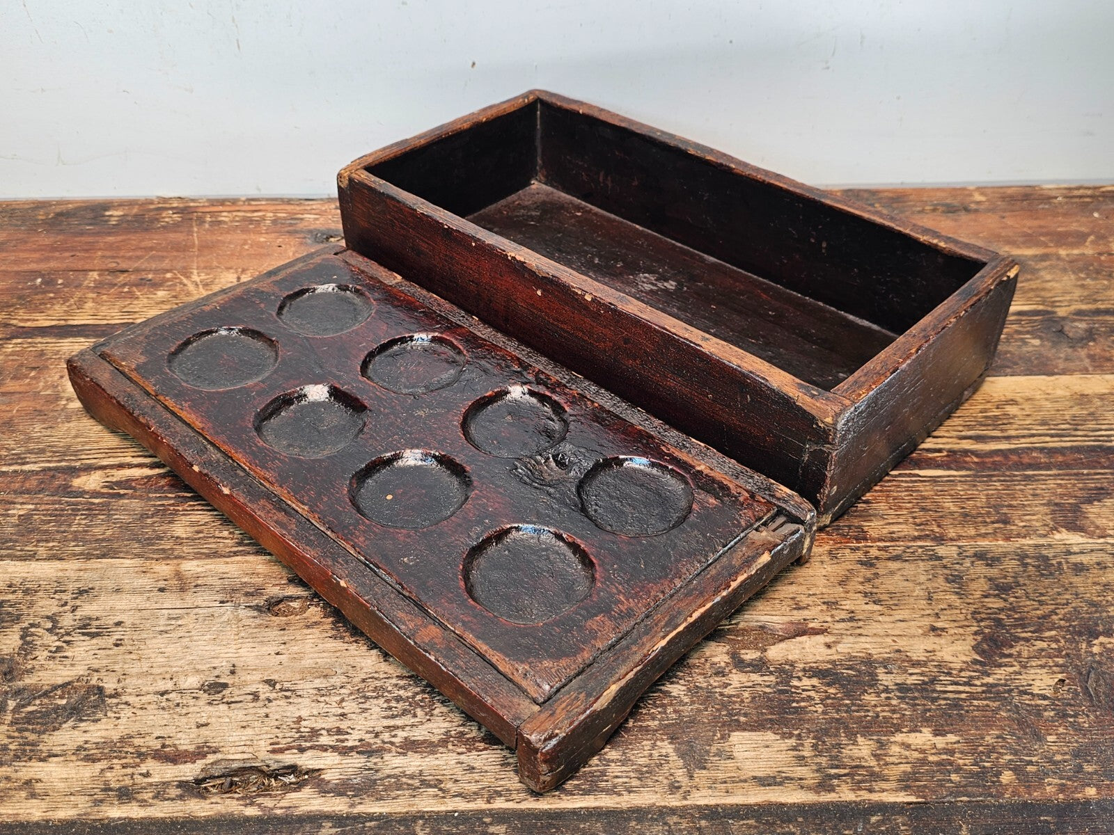 Antique Primitive Wooden Apothecary Box with 8 Wells & Lid