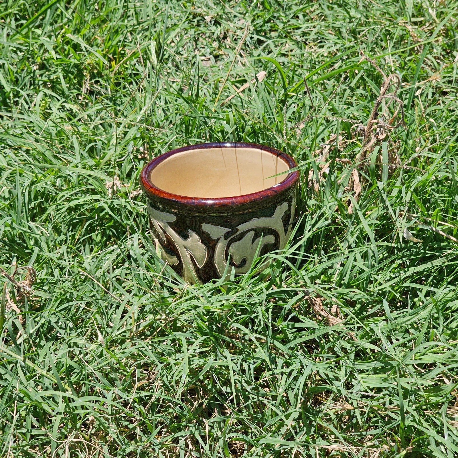 Studio Pottery Planter Earthy Tones And Abstract Pattern 4.30" Dia x 3.5" H