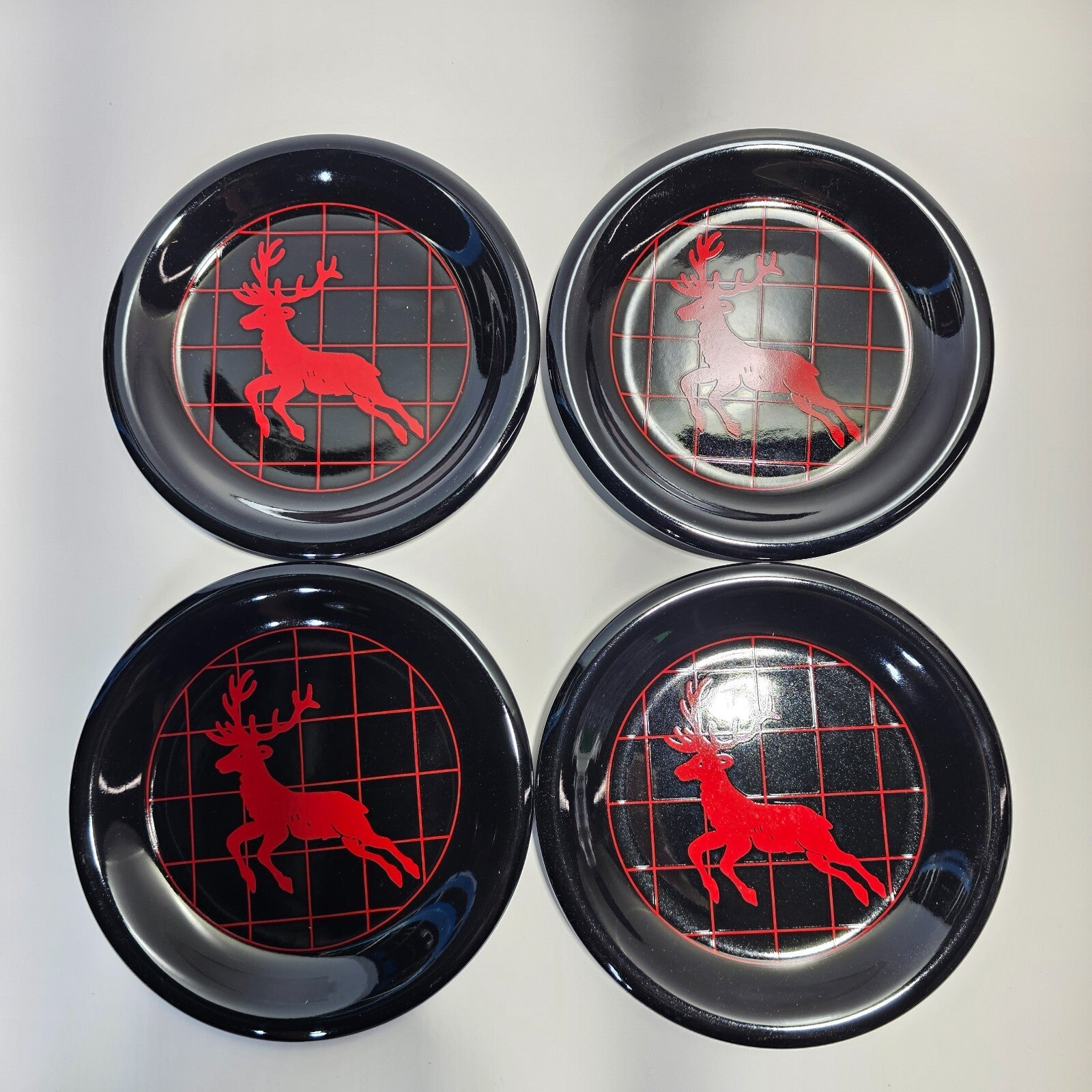 Set of 4 Department 56 Dakota Deer Reindeer Dessert Plates Black & Red 7.5"