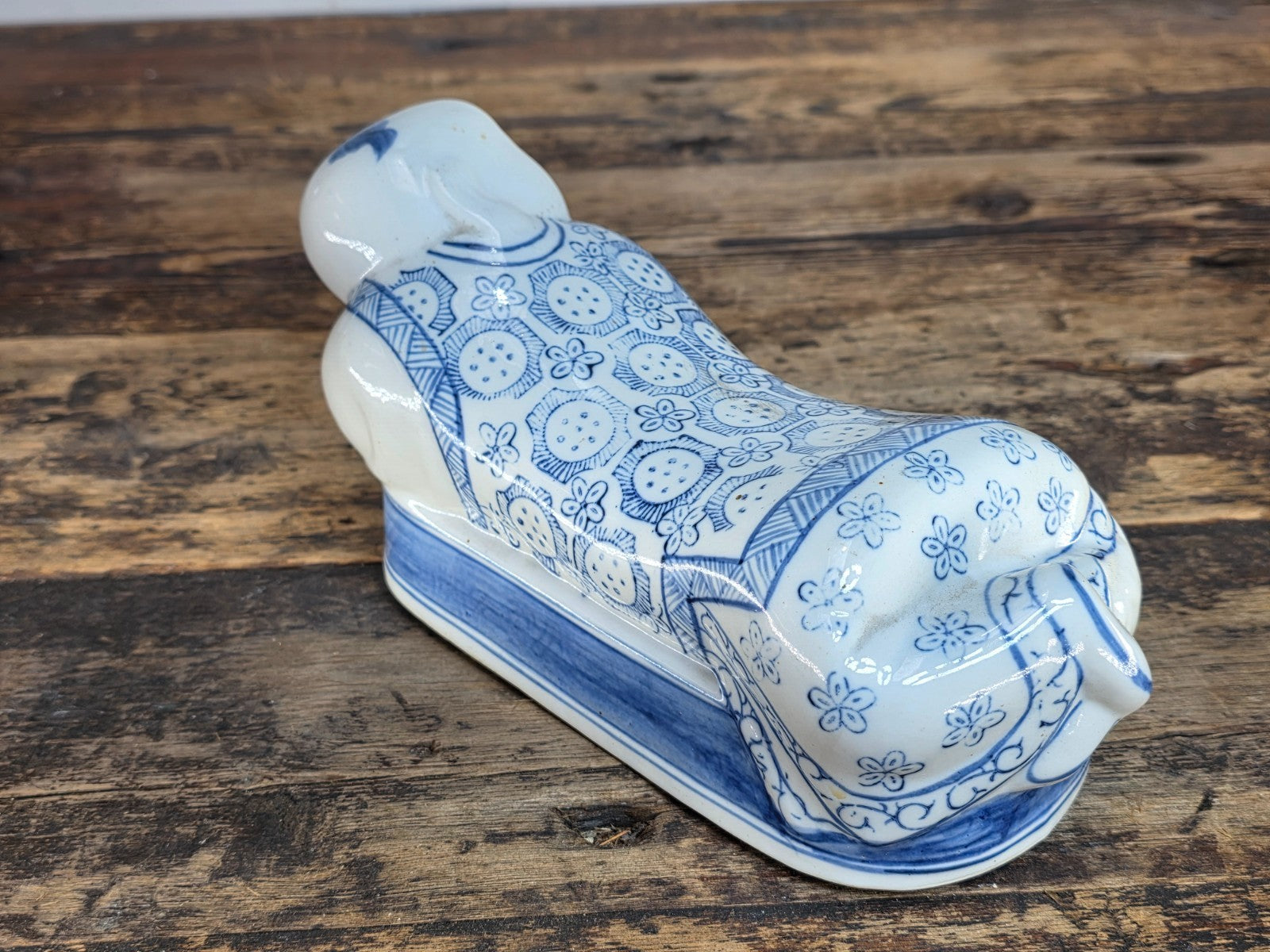 Vintage Pair of Chinese Blue & White Porcelain Pillows - "Lounging Boys"