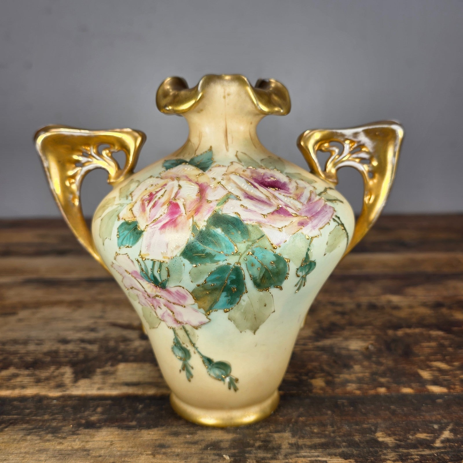 Antique RStK Bohemia Amphora Style Vase Hand Painted Roses Gold Austria c.1900