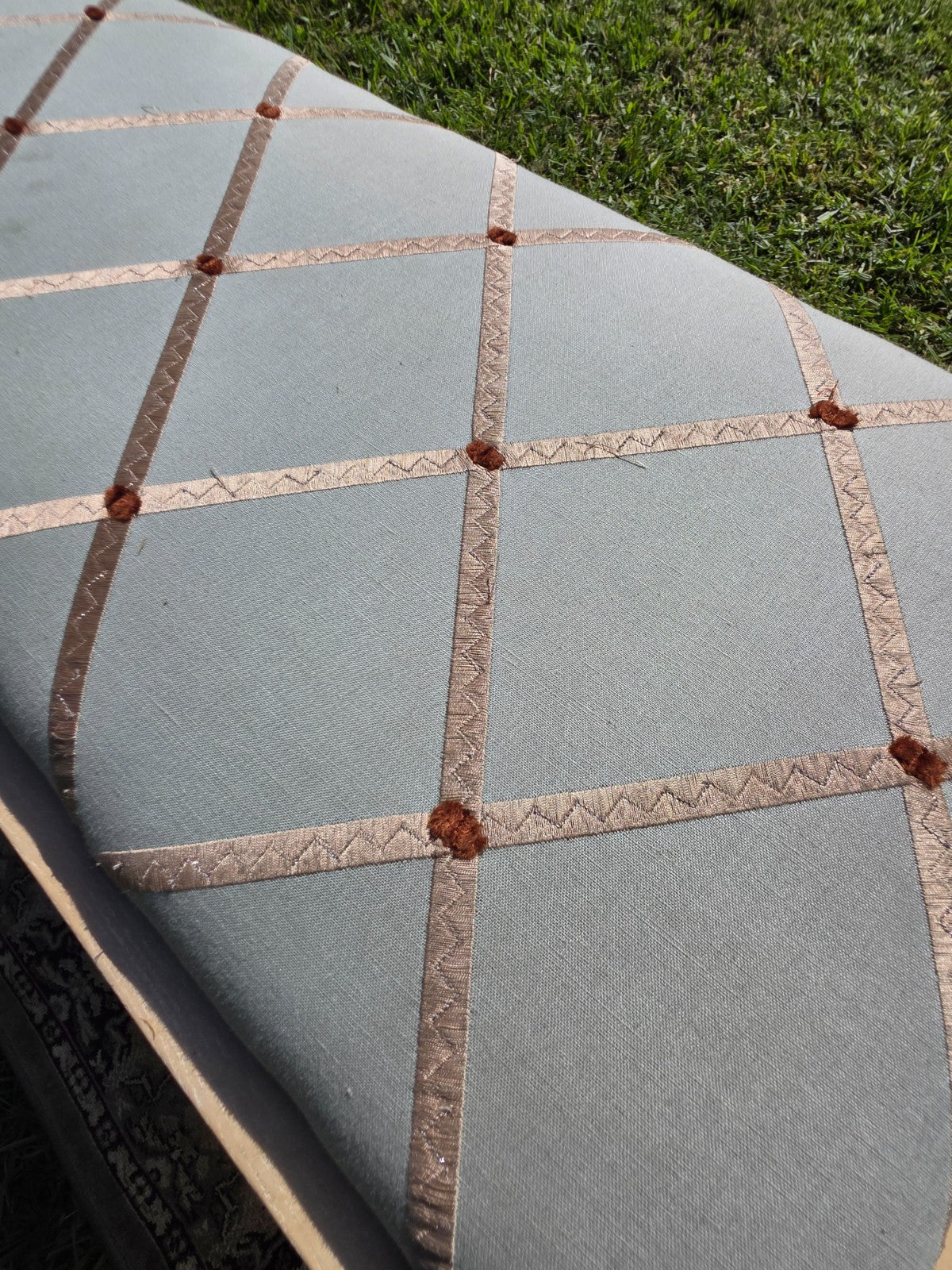 West Elm Crescent Bench Pale Blue Seat Gold Lattice Red Thread Rosette Tufts
