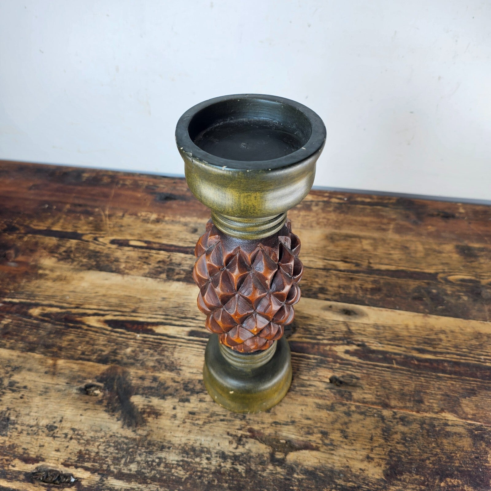 Hand Carved Wood Pineapple Diamond Candle Sticks 12"H
