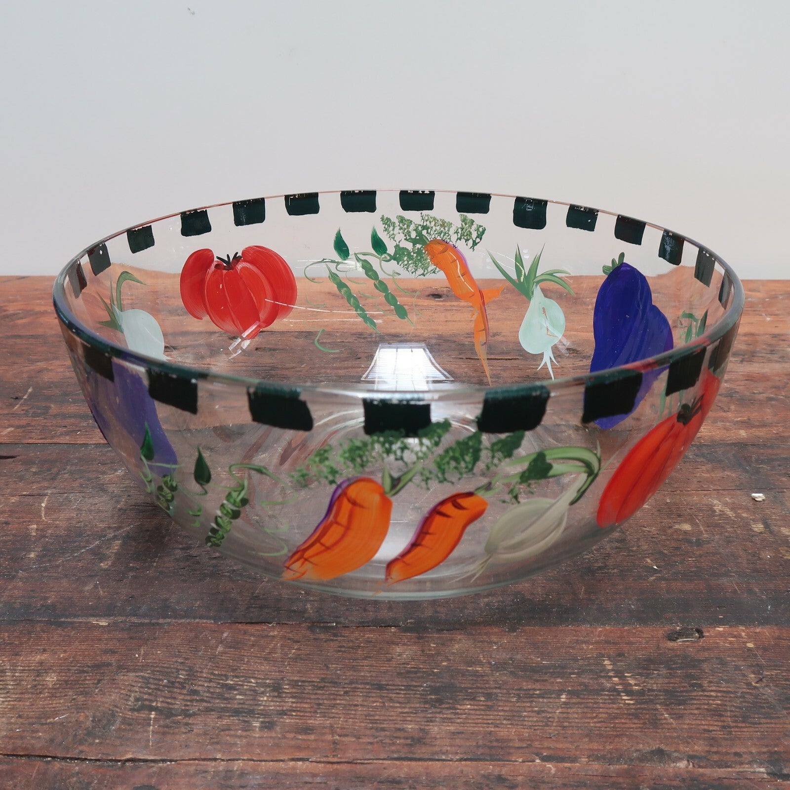 Clear Glass Salad Bowl With Hand Painted Vegetables 11" x 11" x 5"