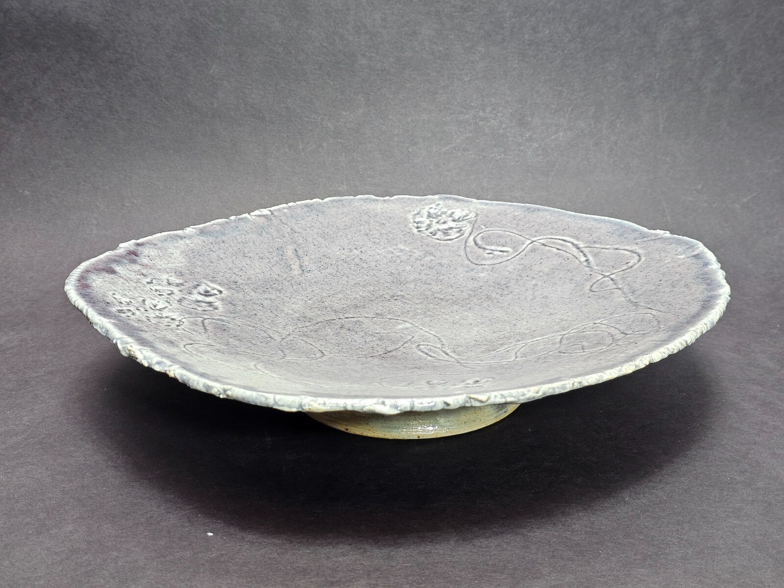 Vintage Studio Art Pottery Japanese Style Gray Plate Floral Design 12.5" x 13.5"