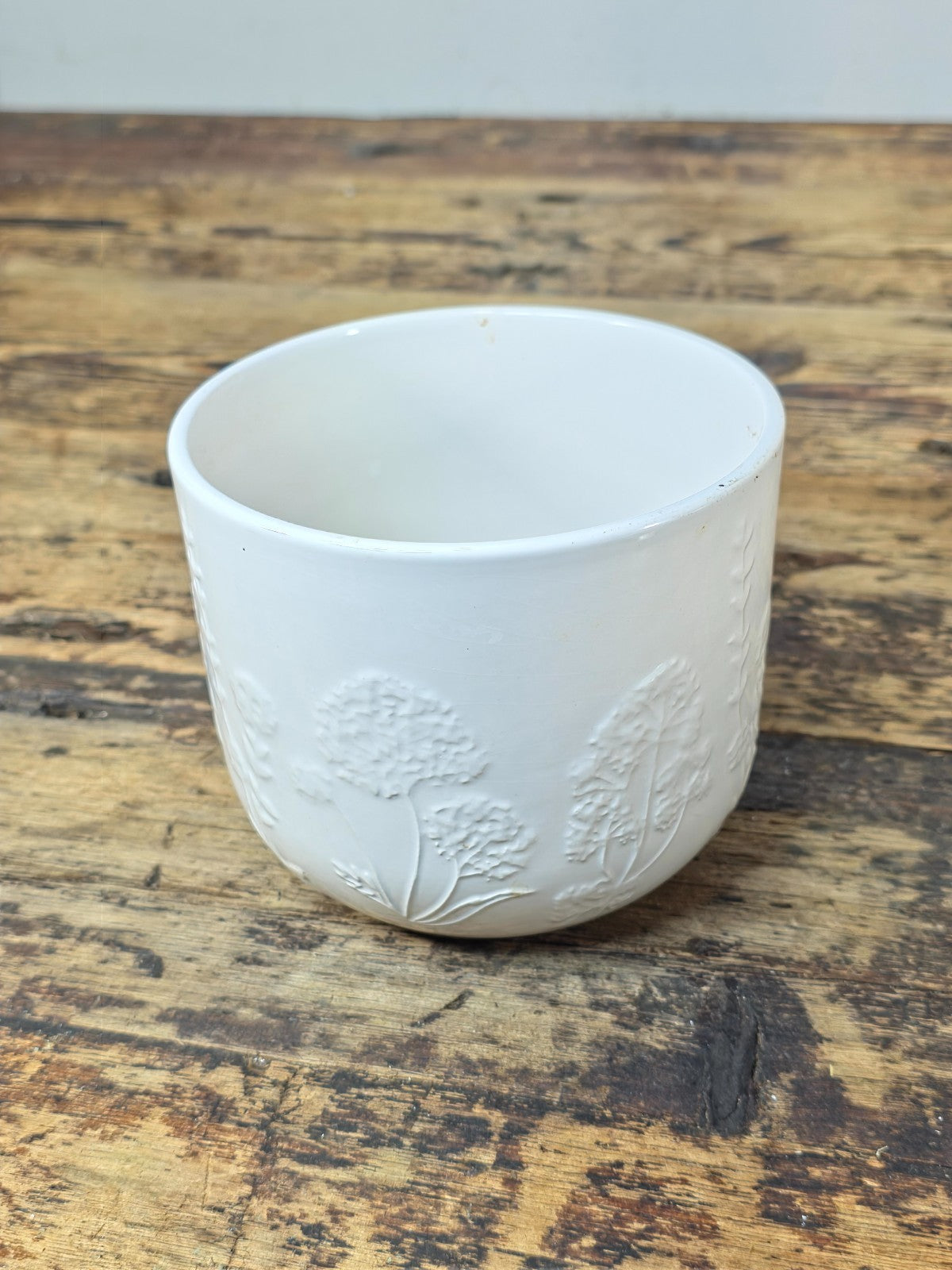 Modern White Ceramic Planter with Embossed Floral Pattern — Small, Made in USA