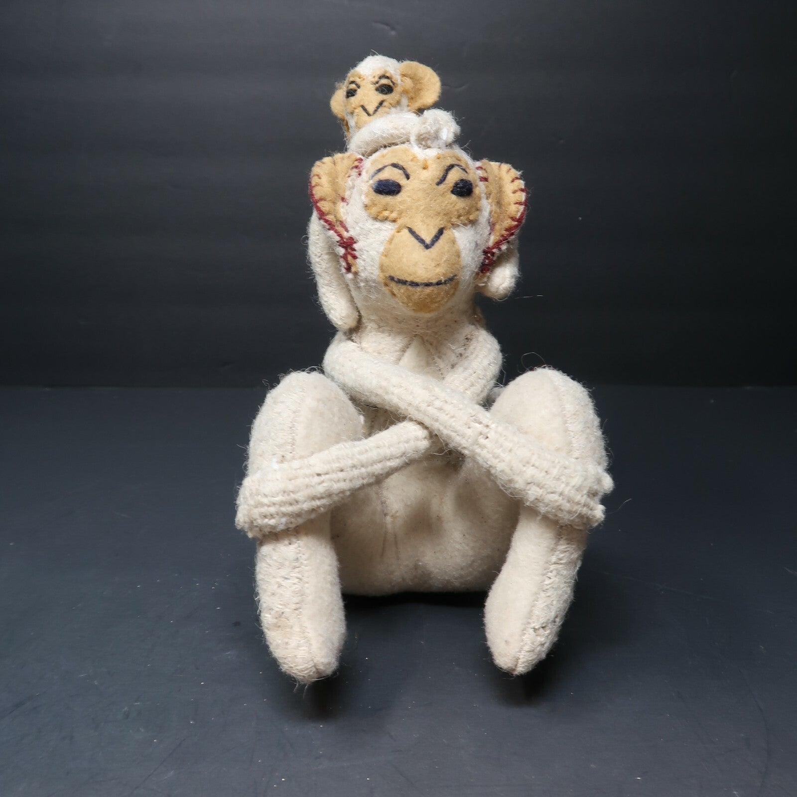 Vintage Plush Monkey Baby Langur Riding on Parent's Shoulder Piggyback H 8.5"