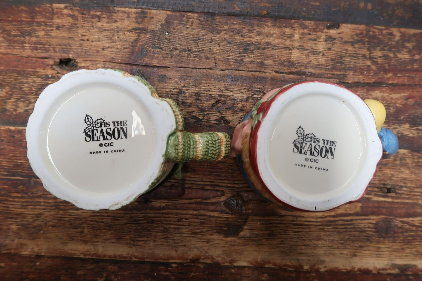 Set of 2 Tis The Season Holiday Ceramic Mug Snowman & Elf 20 oz.