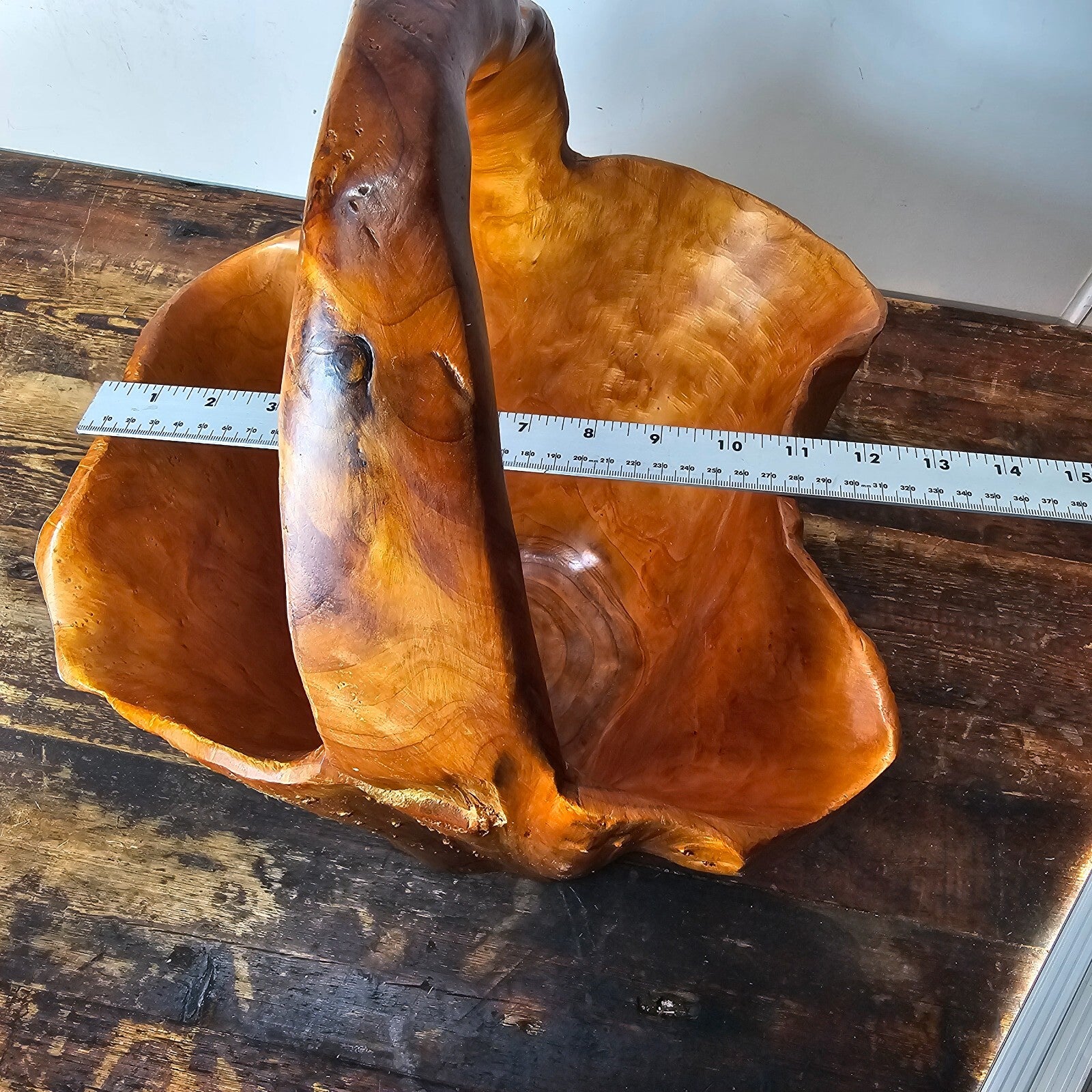 Large Wood Burl Root Hand Carved Bowl Basket with Handle 13.5" x 13.5" x 19.5"H
