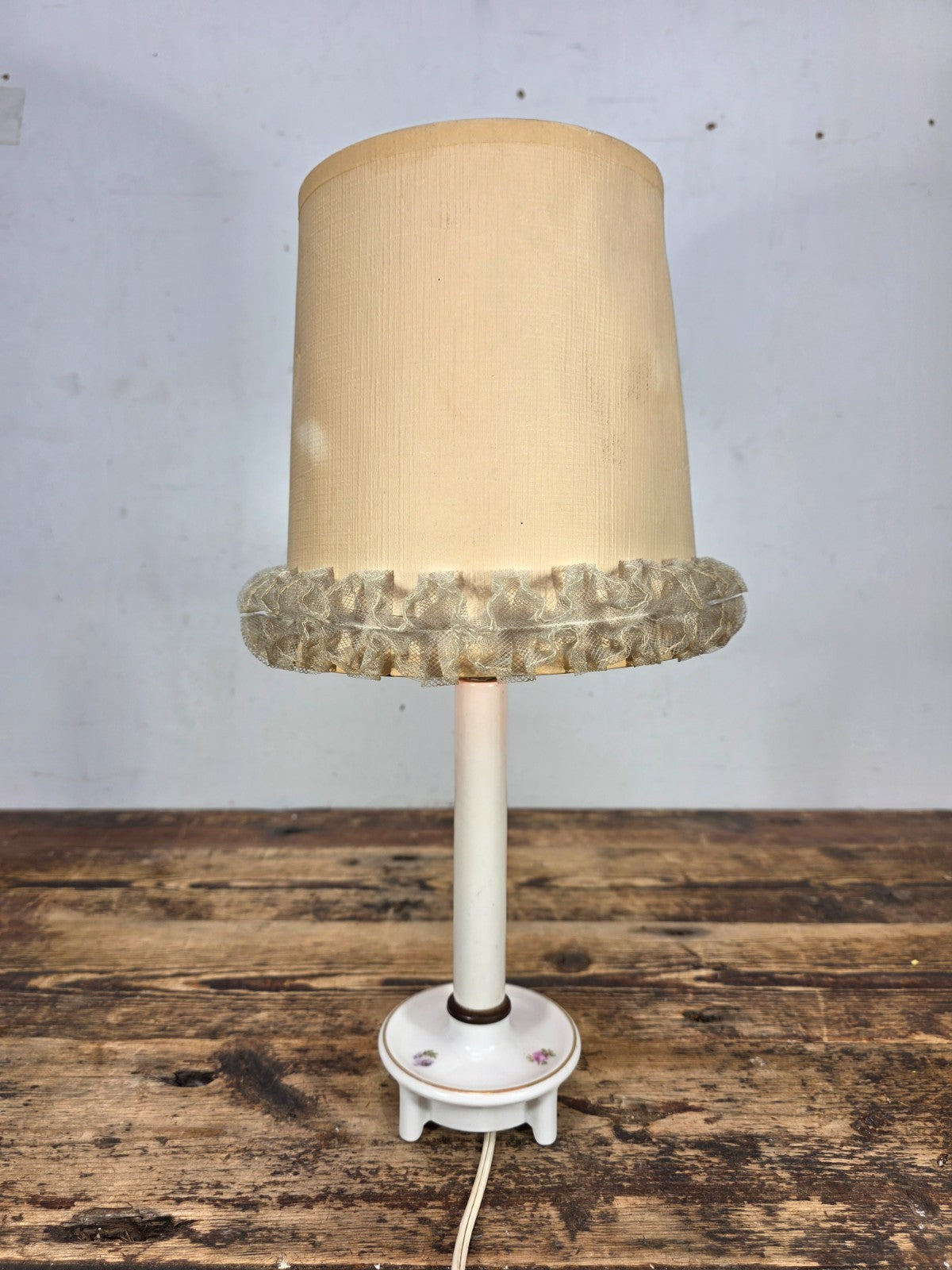 Vintage Porcelain Table Lamp with Original Fabric Shade – 1950s Floral Design