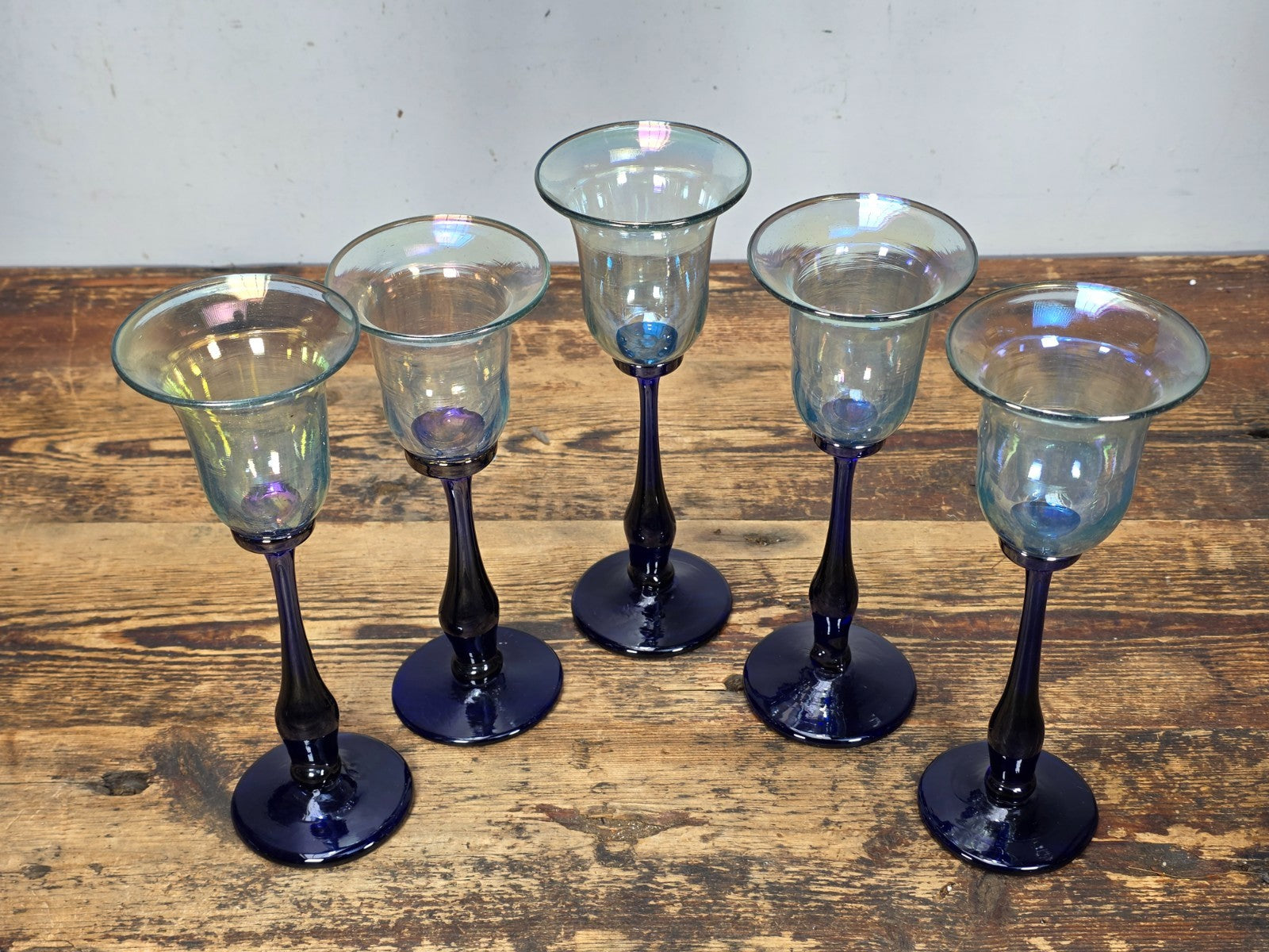 Set of 5 Rick Strini Art Glass Goblets Iridescent & Cobalt Blue Signed c.1970s