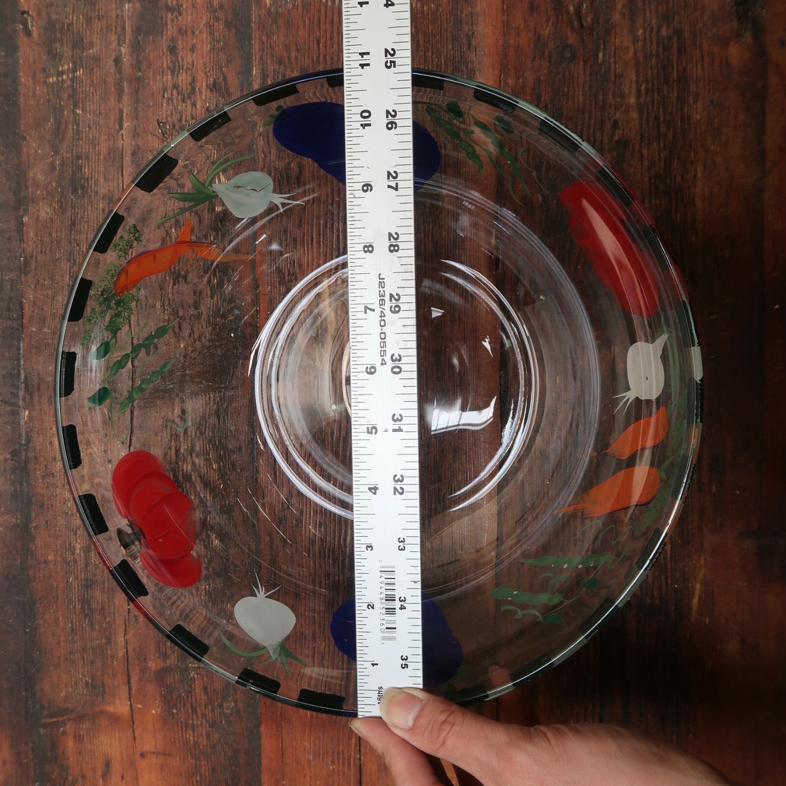 Clear Glass Salad Bowl With Hand Painted Vegetables 11" x 11" x 5"