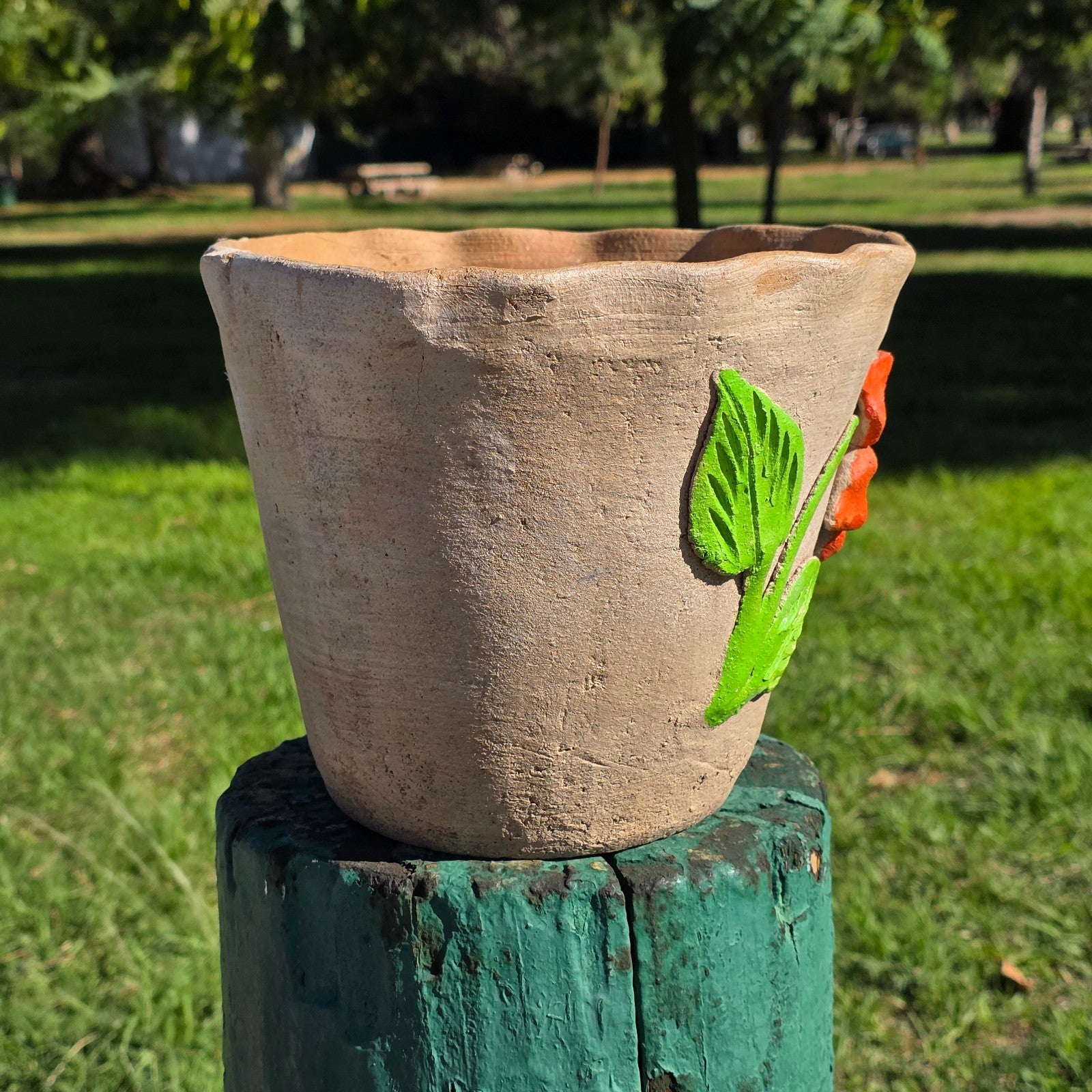 Vintage Atzompa Oaxaca Terracotta Wall Pocket Planter with Orange Flower