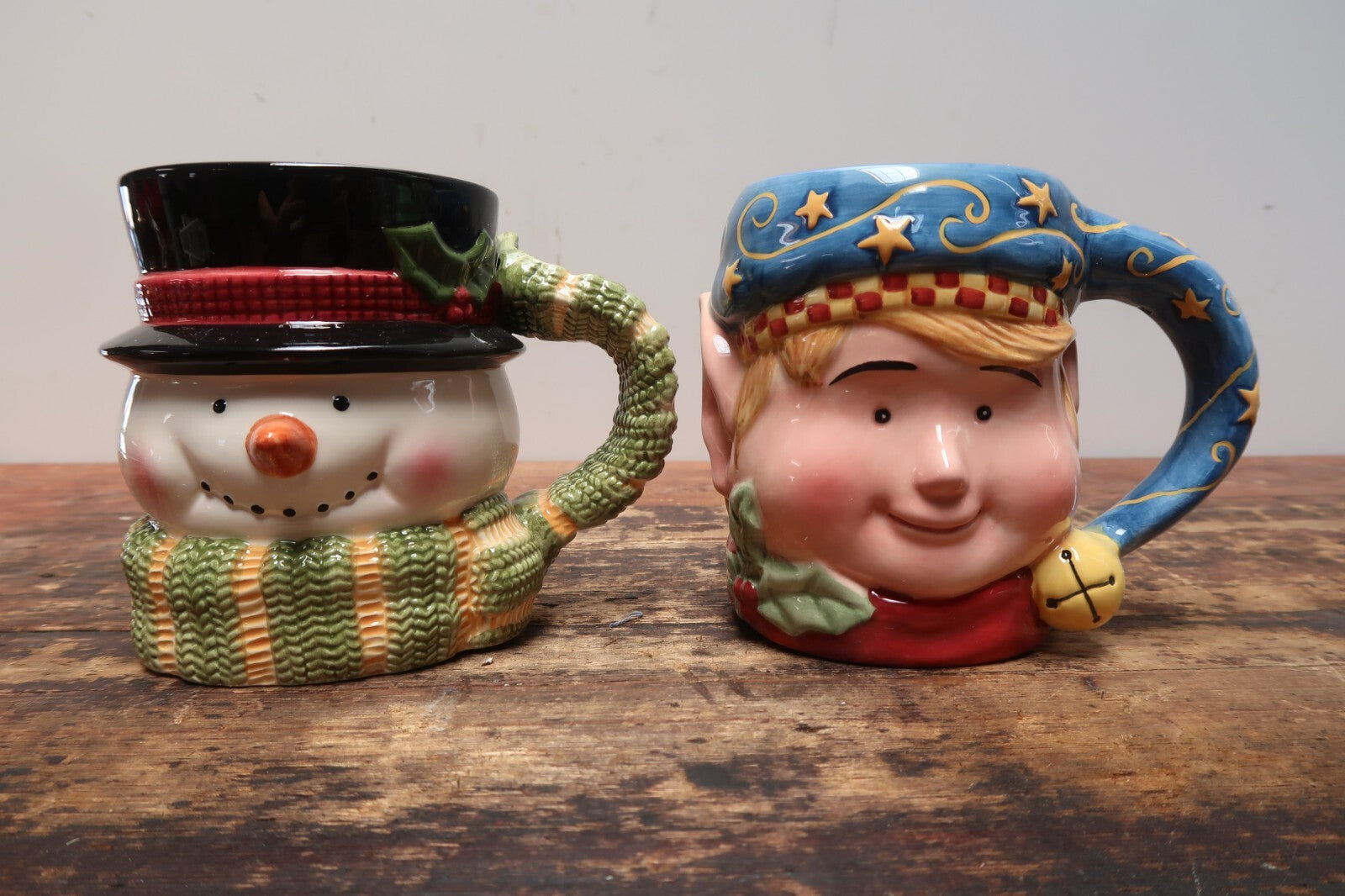 Set of 2 Tis The Season Holiday Ceramic Mug Snowman & Elf 20 oz.