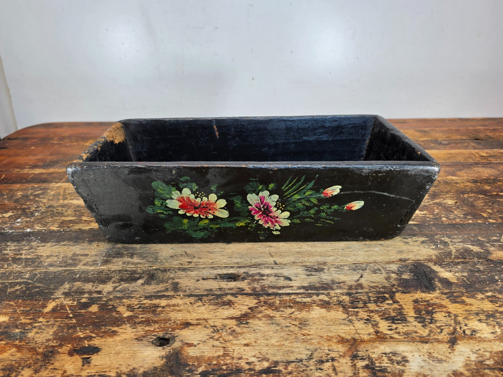 Antique Hand-Painted Wooden Box with Floral and Fruit Motif