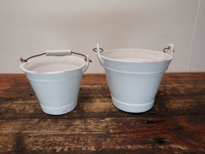 Set of 2 White Porcelain Pails Ceramic Buckets Plant Pot With Wood Handles