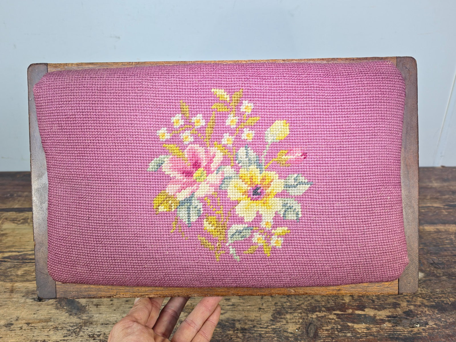 Vintage Mid-Century Wooden Stool / Footstool with Needlepoint Cushion