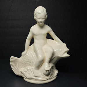 Pottery Statue By Robinson Ransbottom Boy Seated on Fish Bird Bath Insert 12.5"