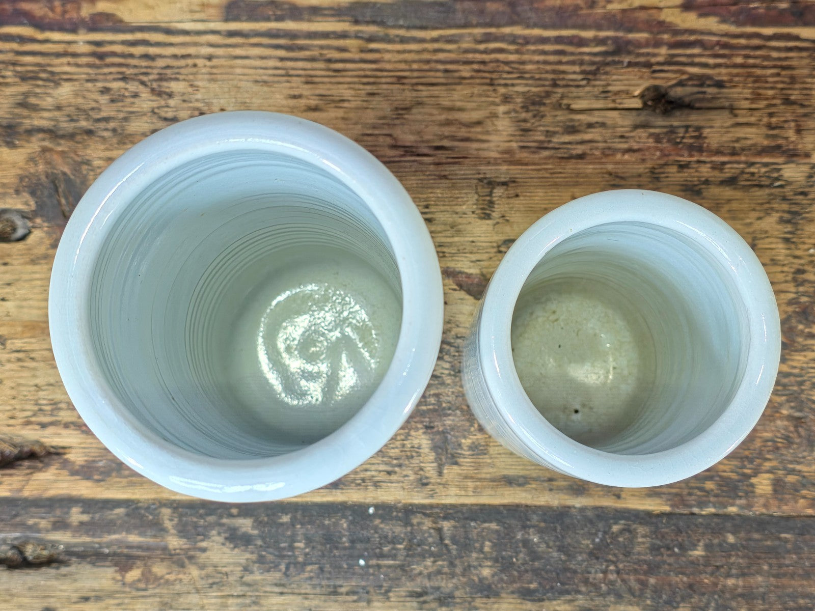Signed Studio Pottery Vase Pair White Crackle Glaze Cylinders Modernist Style
