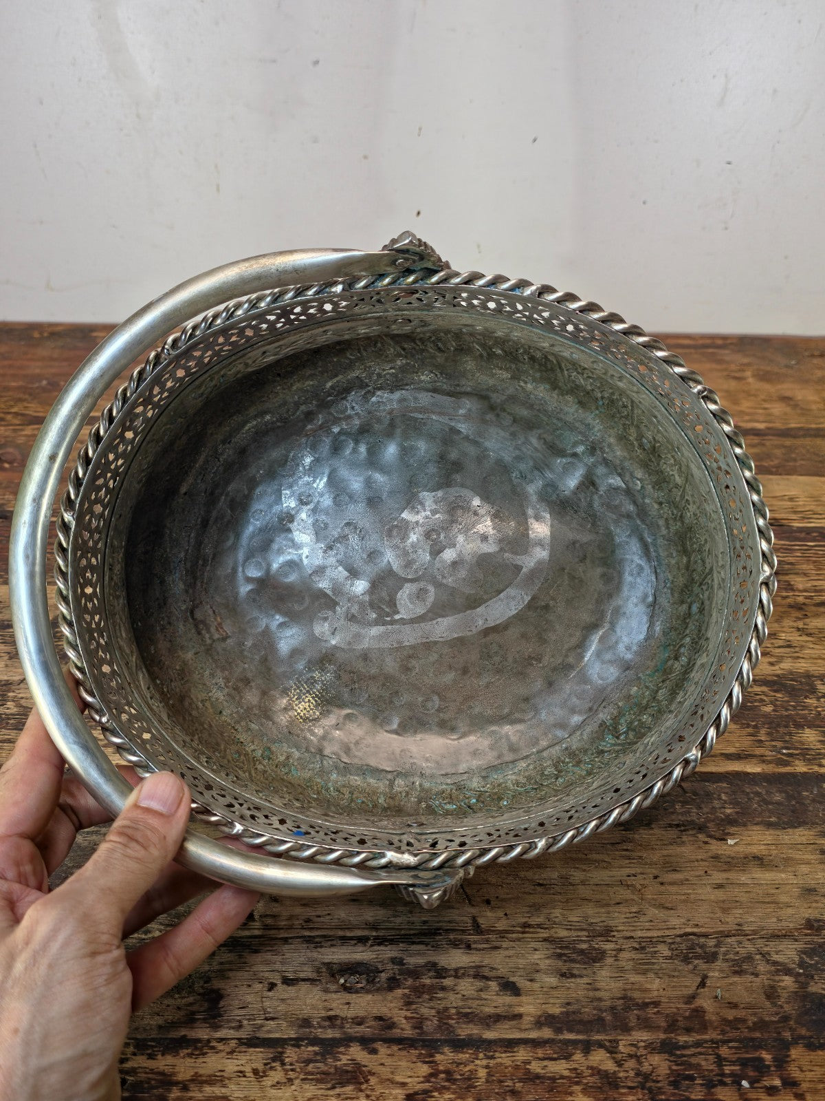 Vintage Silverplated Repoussé Basket with Handle Handmade India 10.25"L x 8.75"W