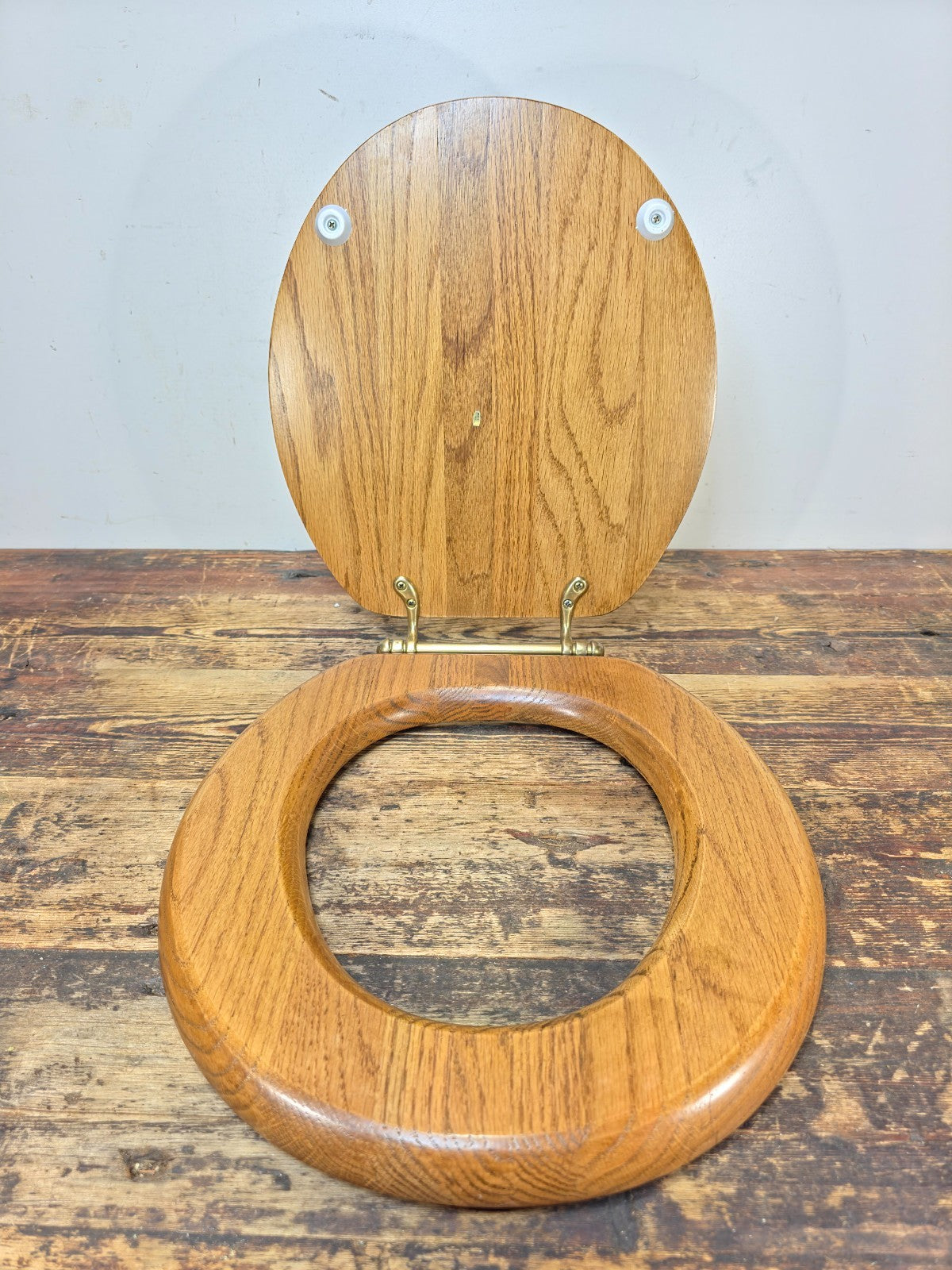 Vintage Solid Oak Toilet Seat w/ Brass Hinges “C.S.” Mark – Made in Taiwan R.O.C
