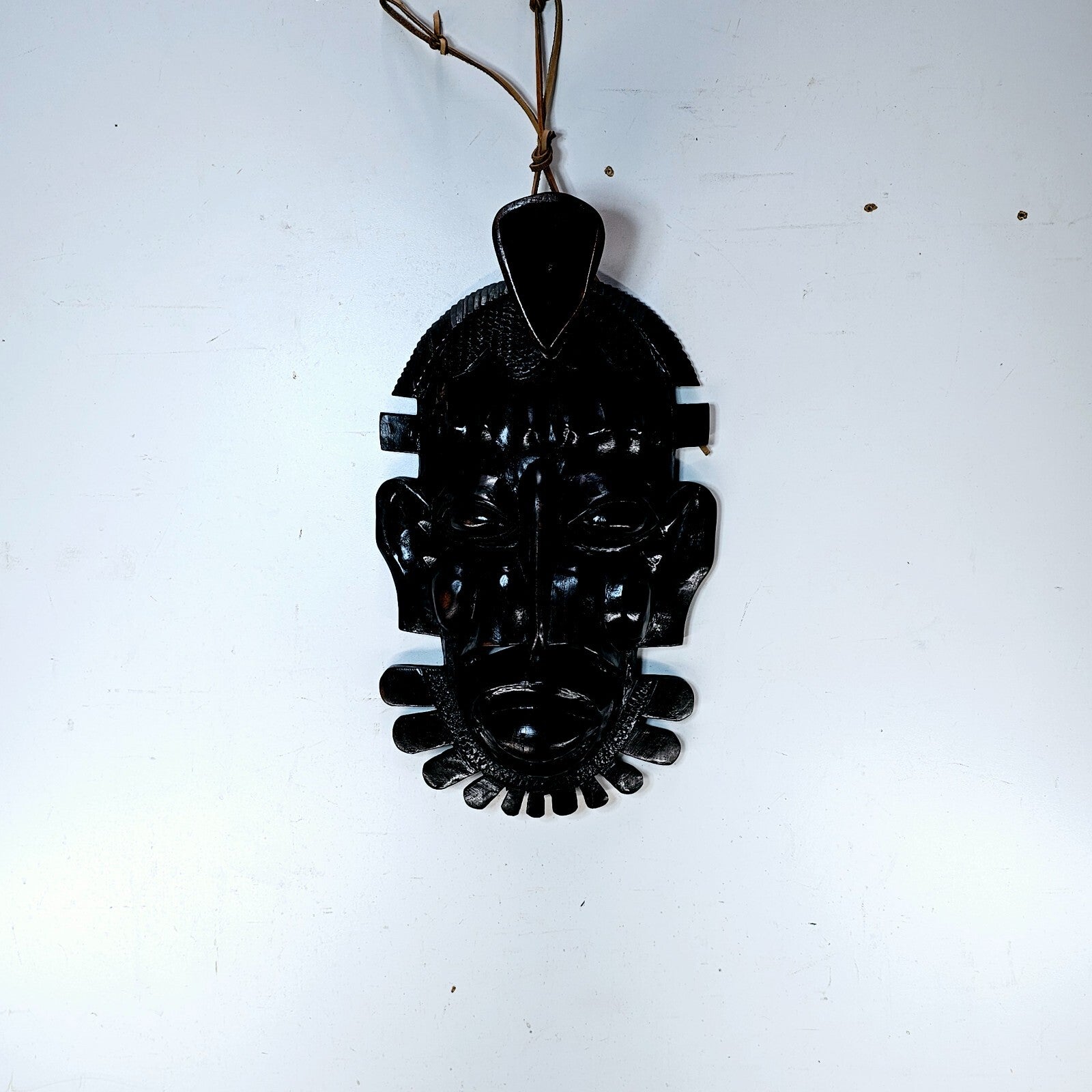 Ebony-Finish Wood Carving - Senufo Tribal Mask (Ivory Coast) 9"W x 15.5"H