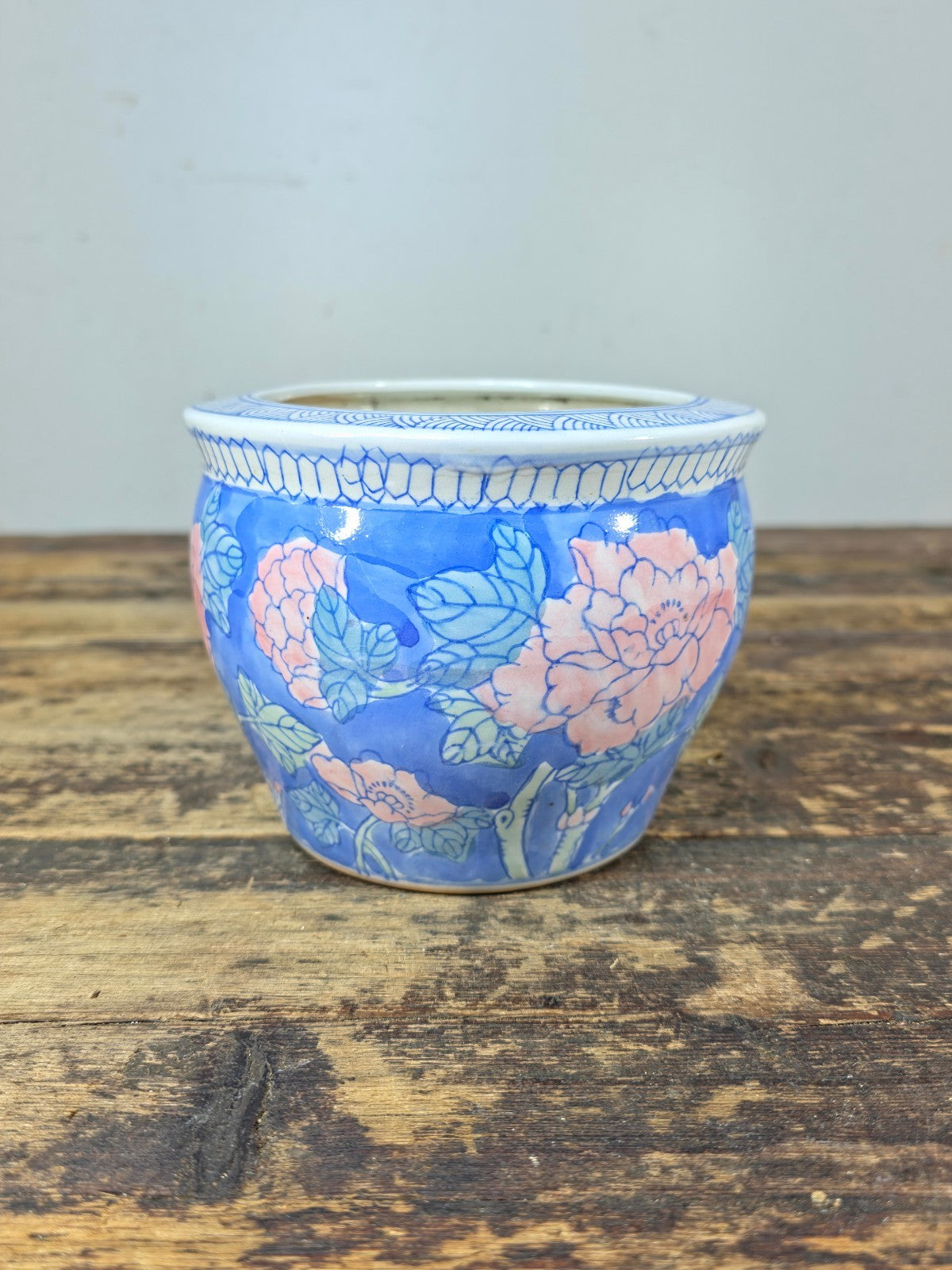 Chinese Porcelain Mini Fishbowl Planter – Blue & Pink Floral 6"Dia x 4.5"H