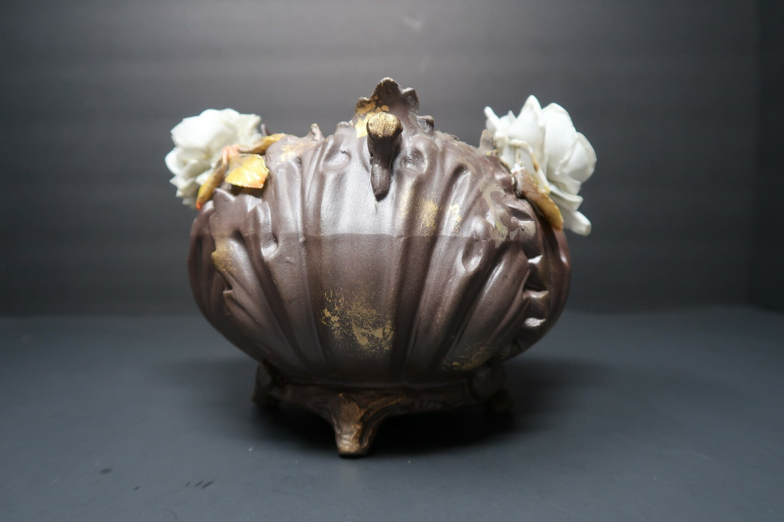 Vintage Art Pottery Basket White Roses approx H 5" x W 6"
