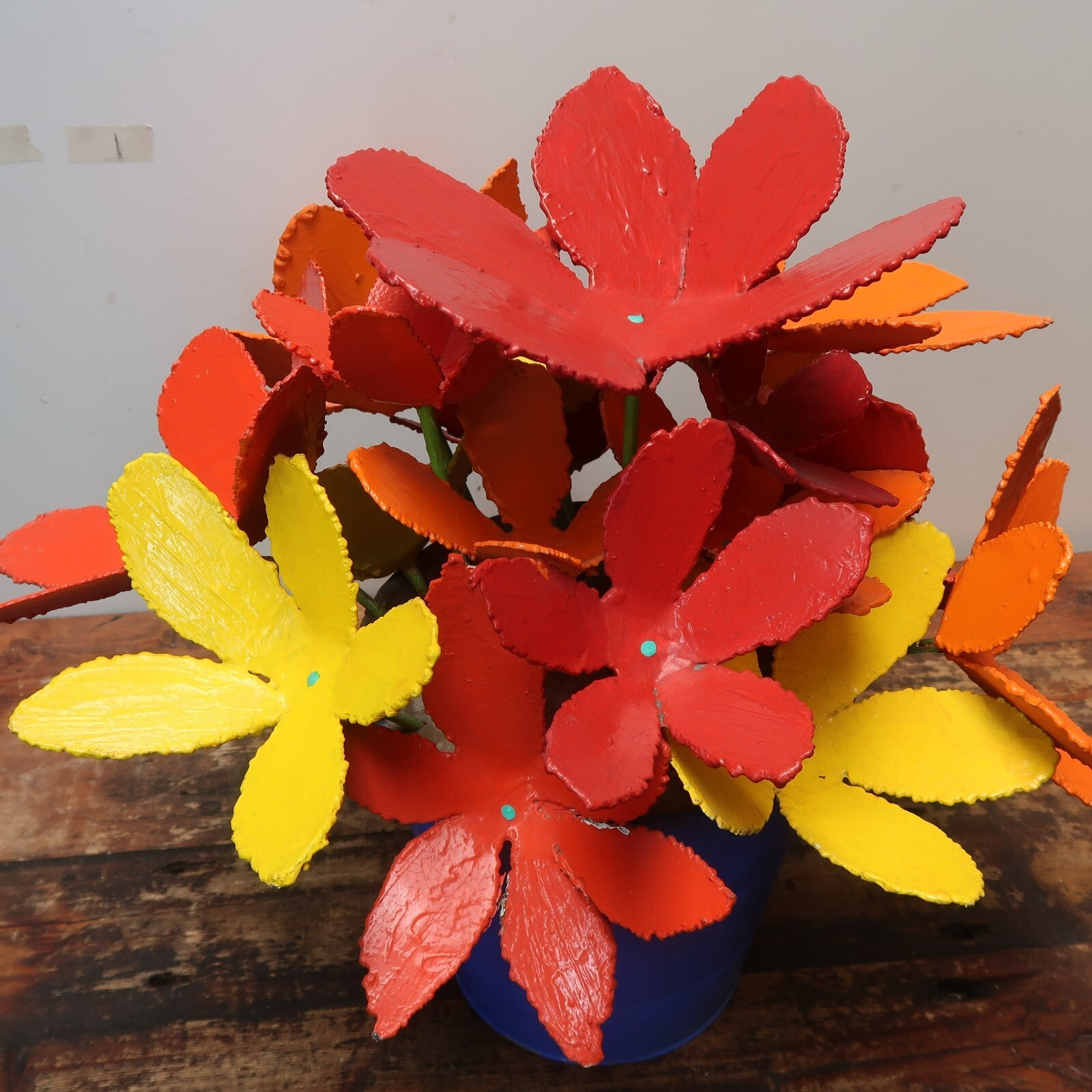 Colorful Iron Flowers In Blue Metal Bucket Garden Yard Sculpture Signed