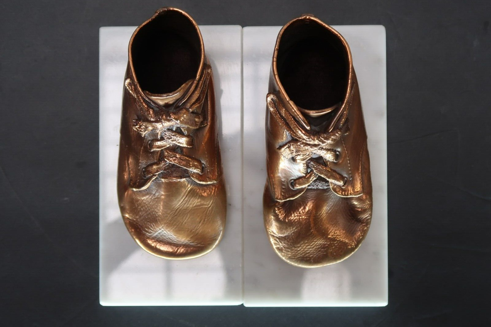 Pair Bronzed Baby Shoes on Marble Base 6" x 3" x H 3.5" Made In Italy Vintage
