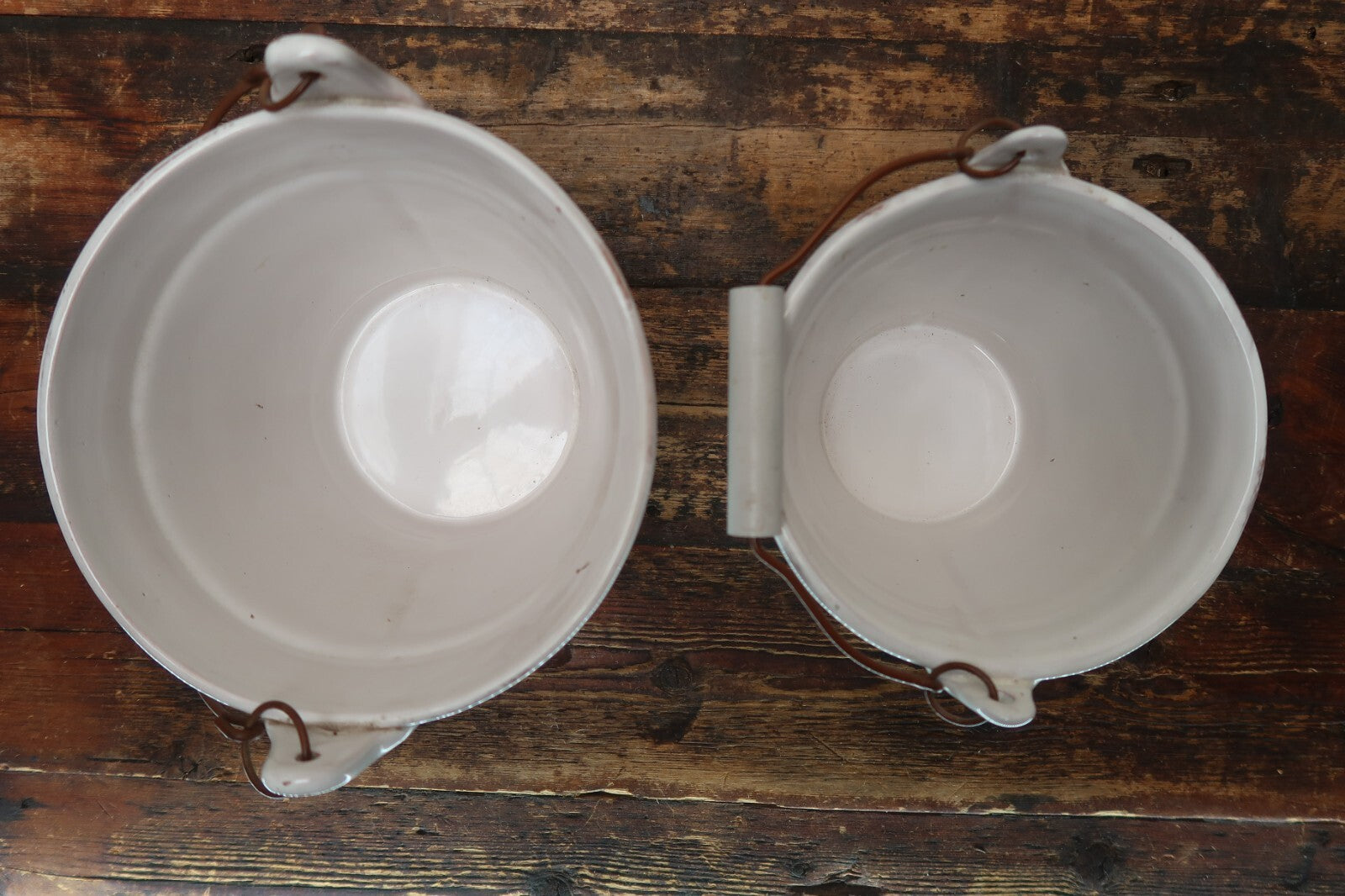 Set of 2 White Porcelain Pails Ceramic Buckets Plant Pot With Wood Handles