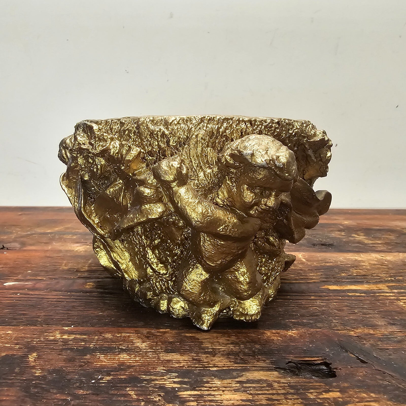 Vintage Gold Cherubs Candle Holder Planter Trinket 7" Dia x 4.5" H