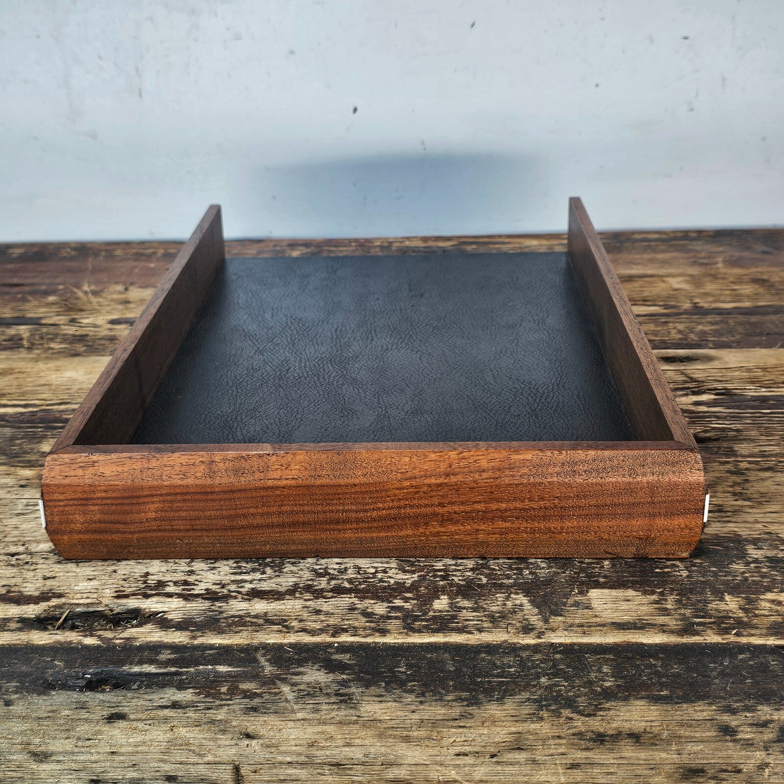 Executive Wood Desk Tray w/ Gold Metal Rim & Black Leather Style Interior