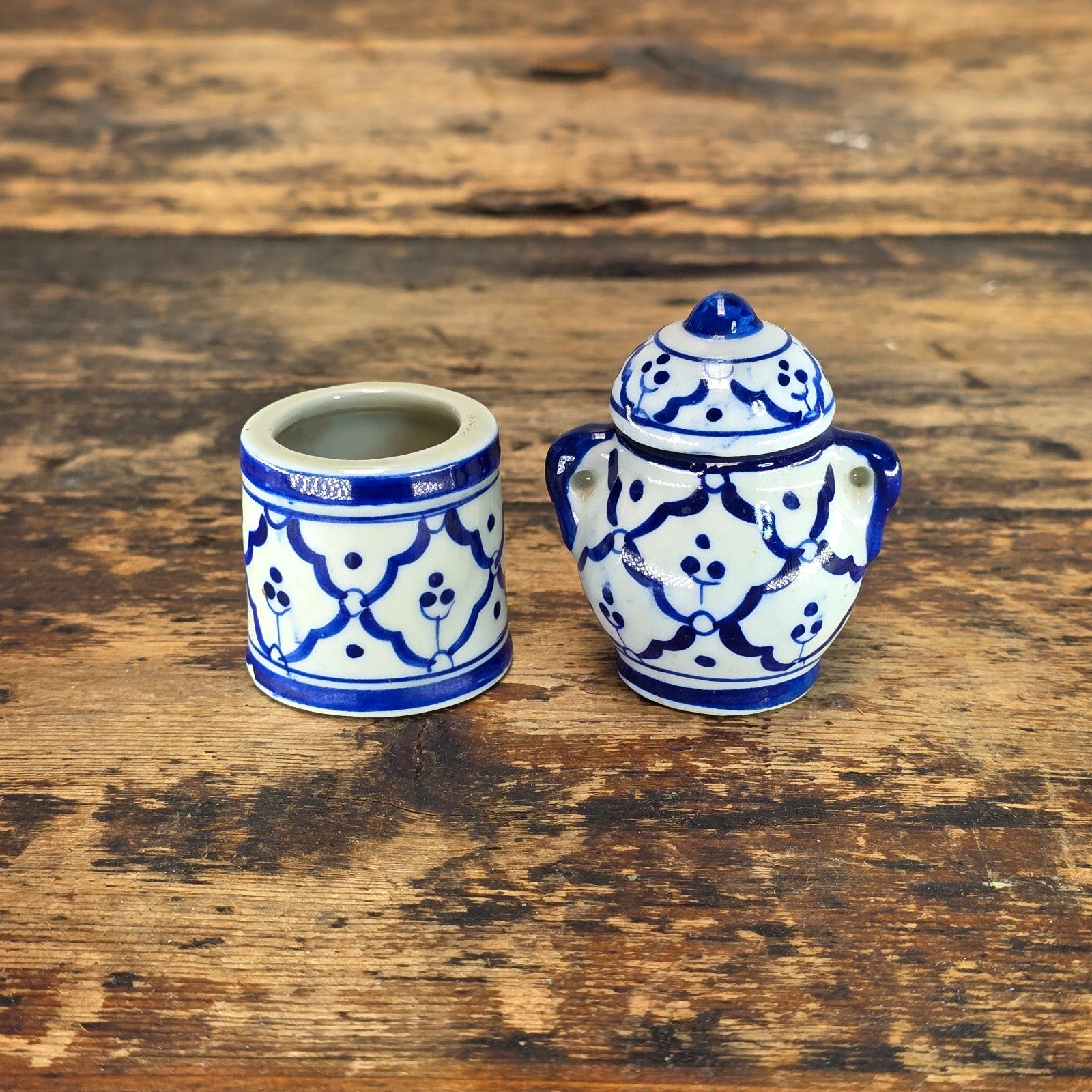 Miniature Blue & White Ceramic Thai-Style Ginger Jar & Toothpick Holder Set