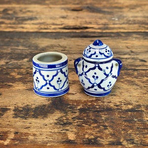 Miniature Blue & White Ceramic Thai-Style Ginger Jar & Toothpick Holder Set