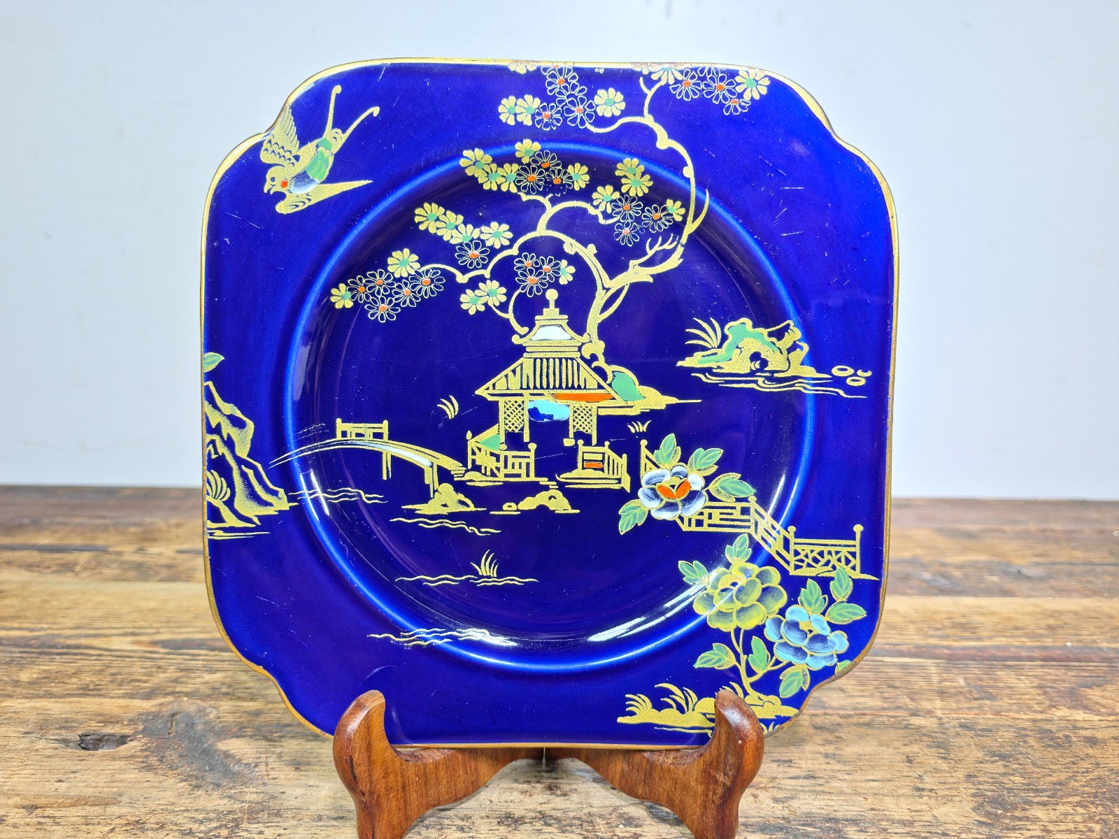 Burleigh Ware Cobalt Blue Gilt Cabinet Plates Set of 3 Crown Pottery England
