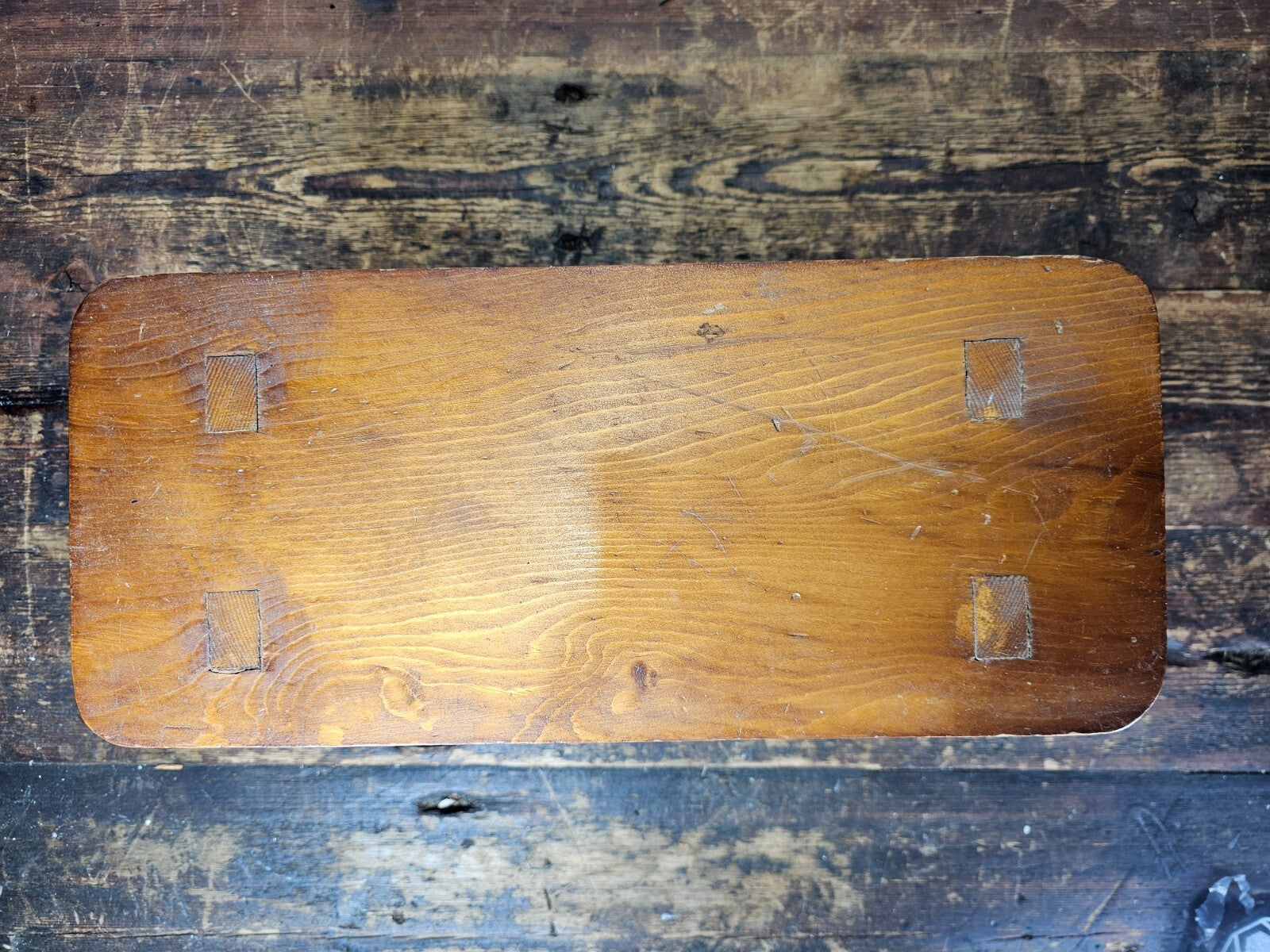 Vintage Arts and Crafts Style Handmade Vernacular Boarded Stool Signed 1970s