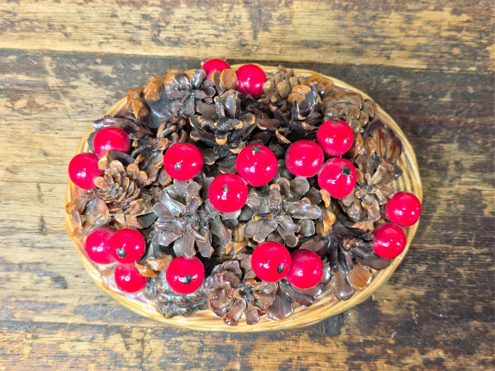 Vintage Resin Coated Wicker Basket with Pinecones and Red Berries Lid