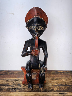Ghana Ashanti Traditional Wooden Smoking Man Sculpture 13"H x 4.5"W x 3"D