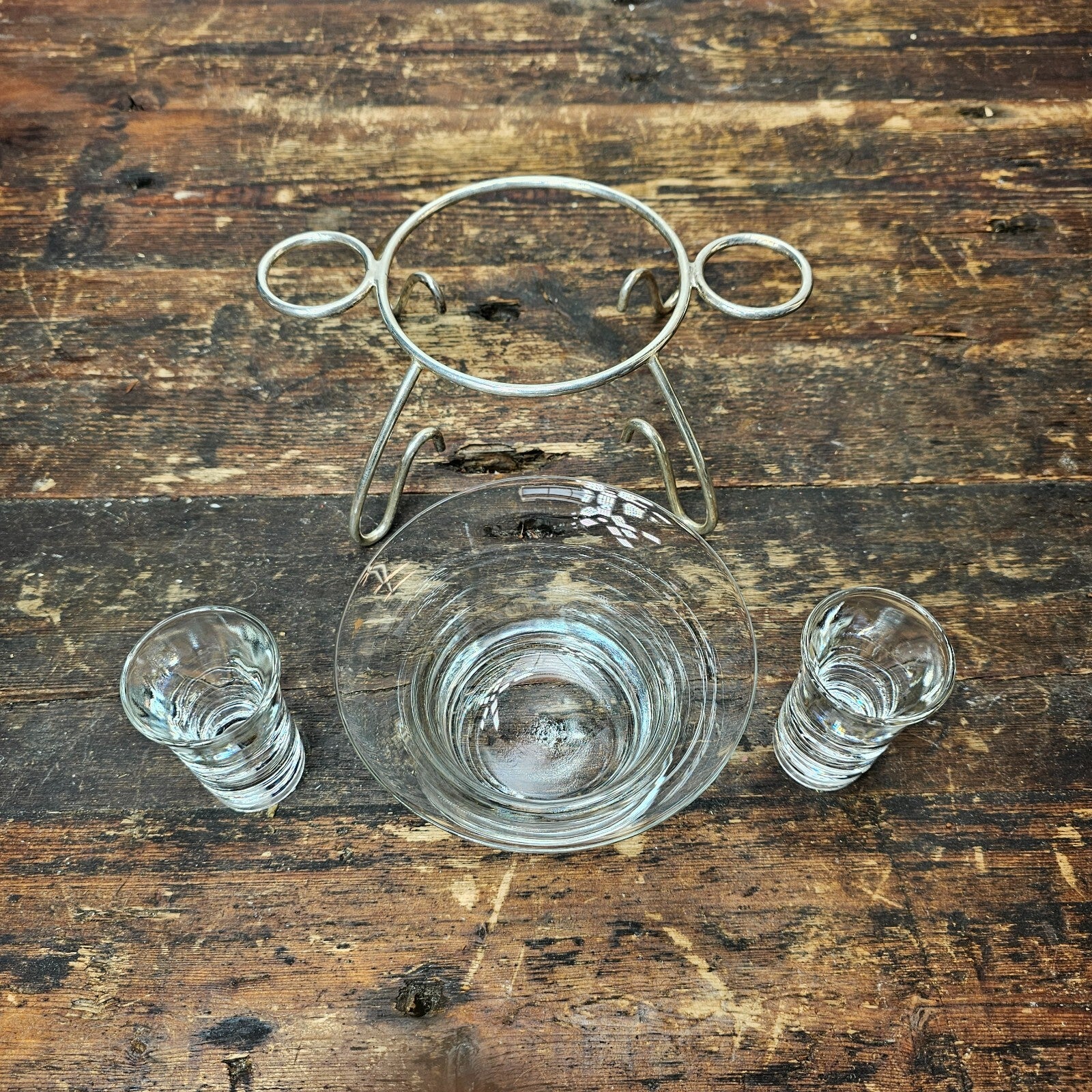 Mid Century Modern Anchor Hocking Glass Set Silver Plated Holder Stand