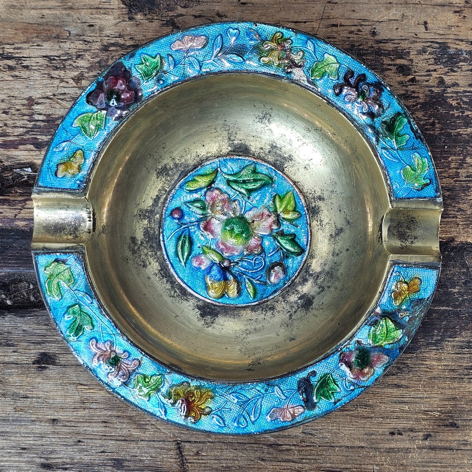 Vintage Chinese Cloisonné Enamel & Brass Ashtray | Ornate Floral Motif 5.25"
