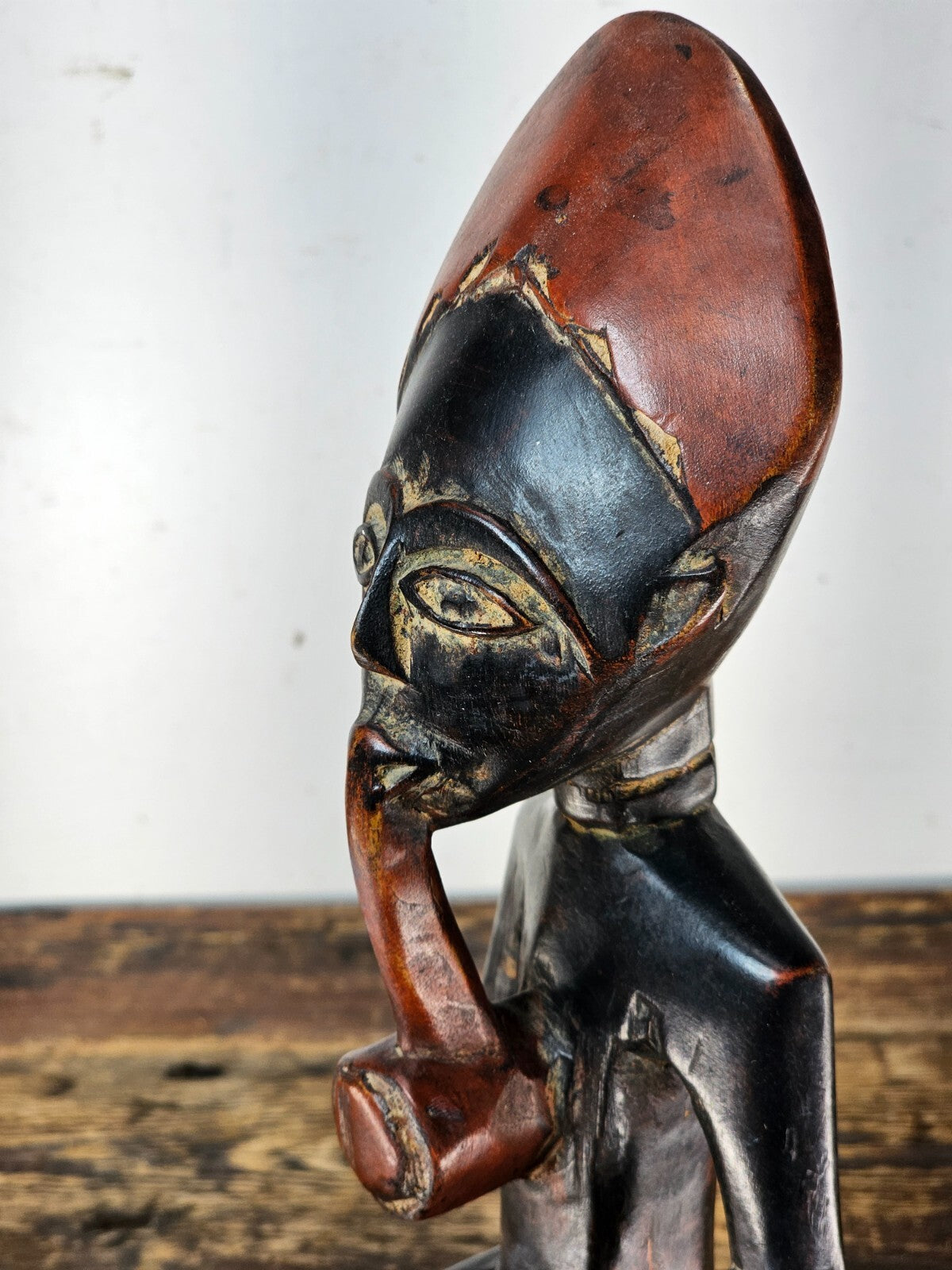 Ghana Ashanti Traditional Wooden Smoking Man Sculpture 13"H x 4.5"W x 3"D