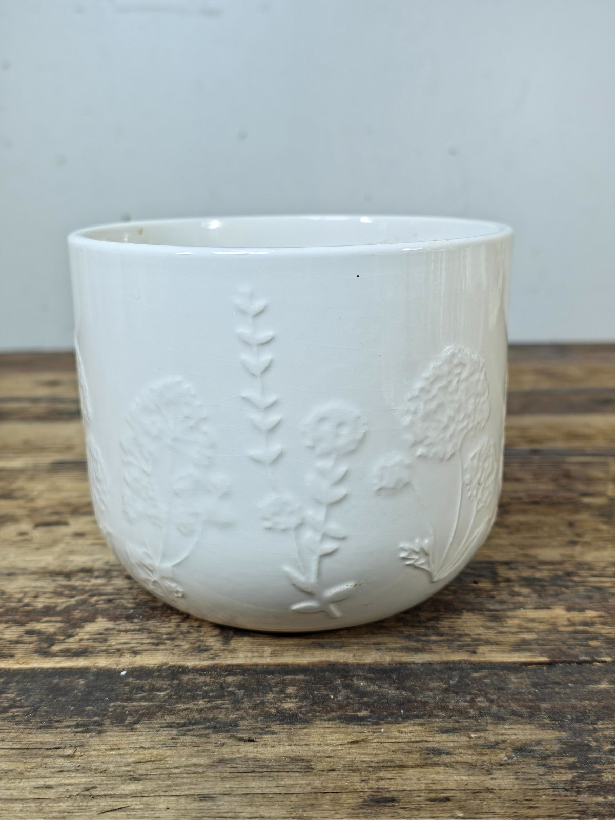 Modern White Ceramic Planter with Embossed Floral Pattern — Small, Made in USA