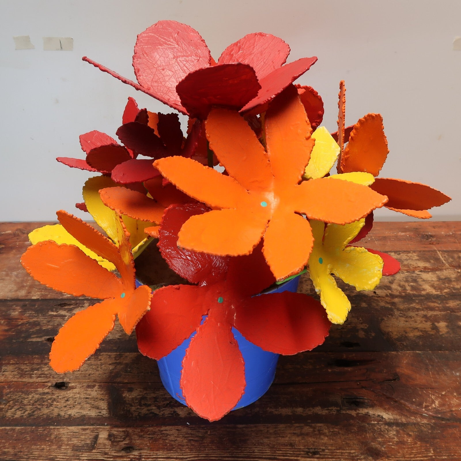 Colorful Iron Flowers In Blue Metal Bucket Garden Yard Sculpture Signed