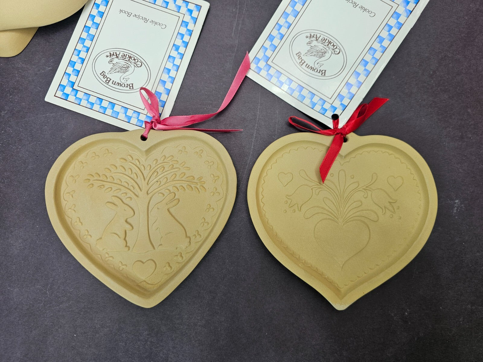 Lot of 4 Brown Bag Cookie Art Mold Heart Shape Stoneware 1986-1990 Hill Design